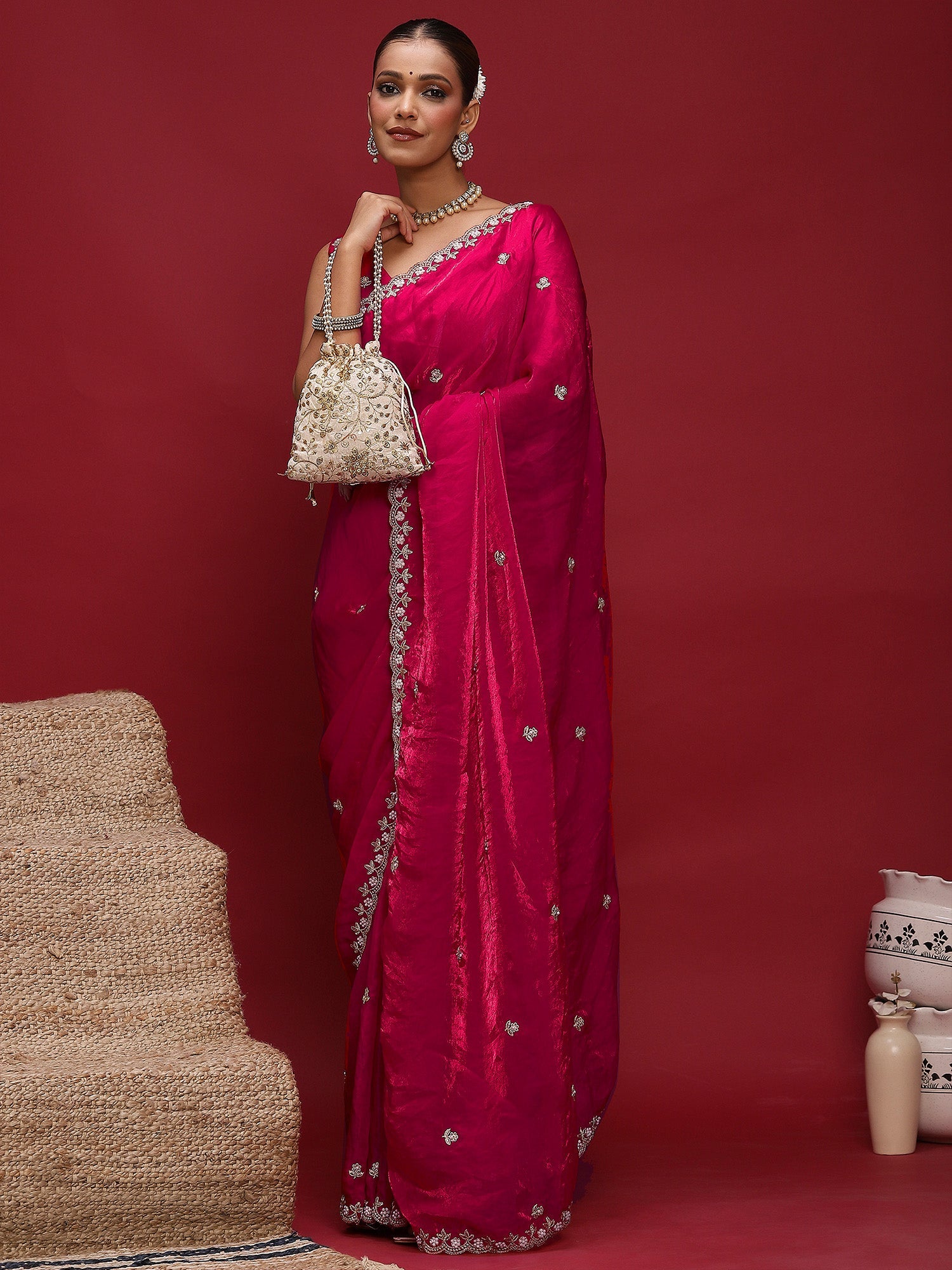 Embellished Beads and Stones Satin Saree - Ressa