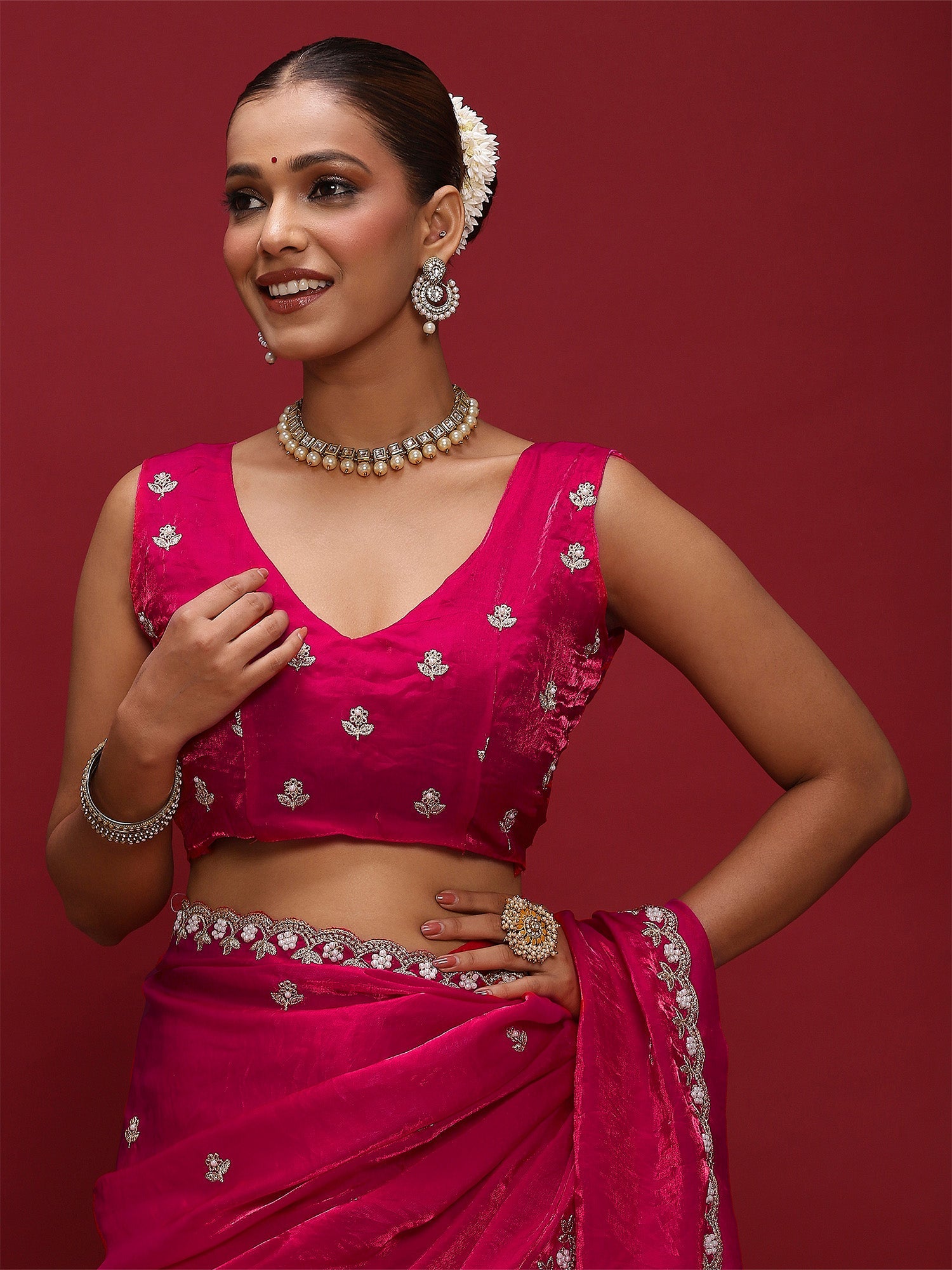 Embellished Beads and Stones Satin Saree - Ressa
