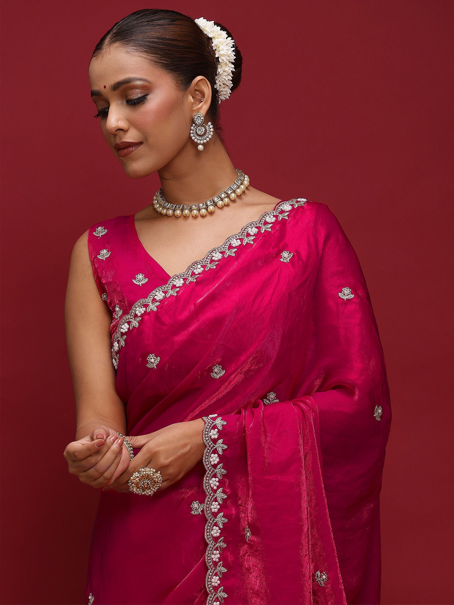 Embellished Beads and Stones Satin Saree - Ressa