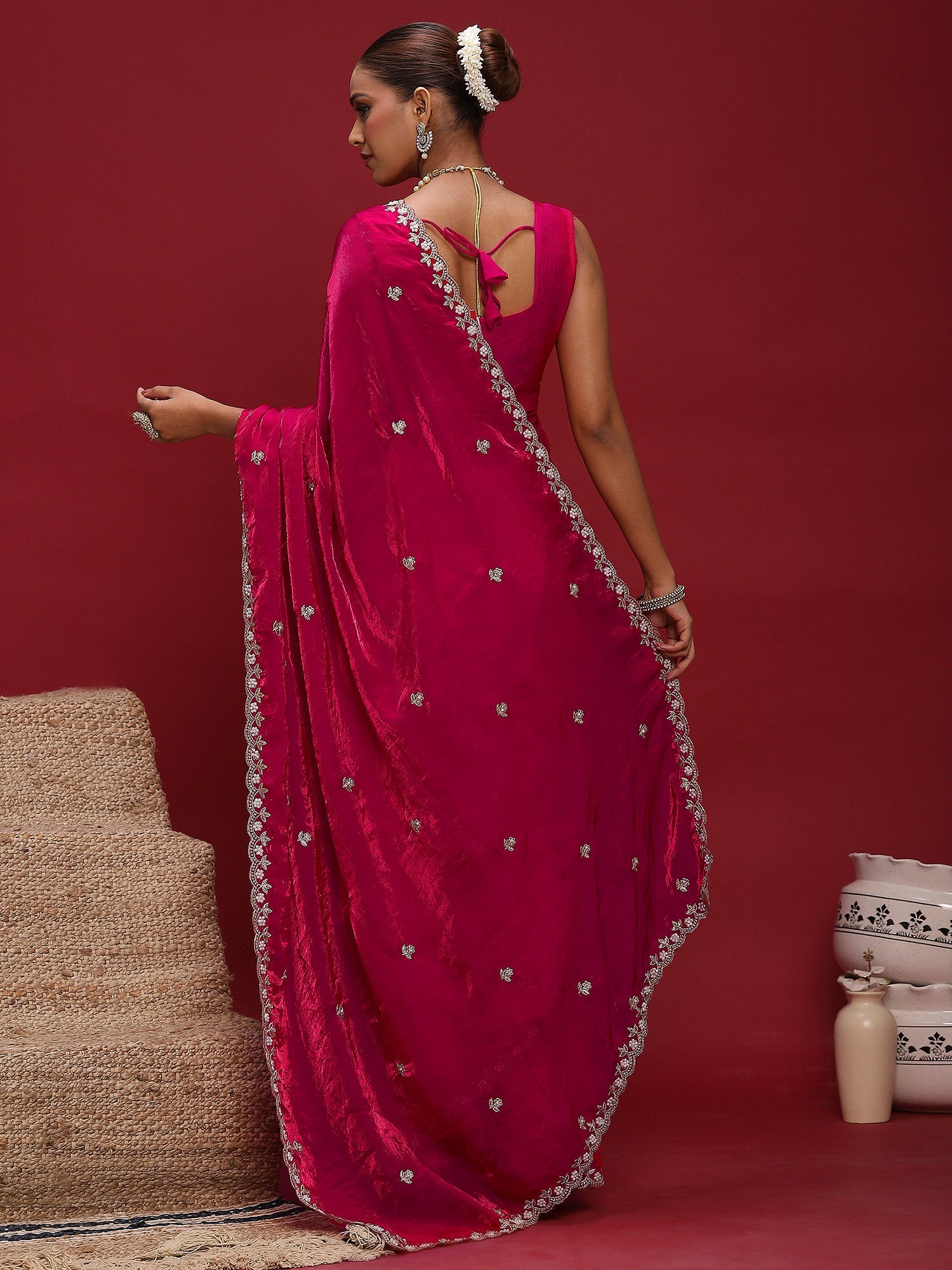Embellished Beads and Stones Satin Saree - Ressa