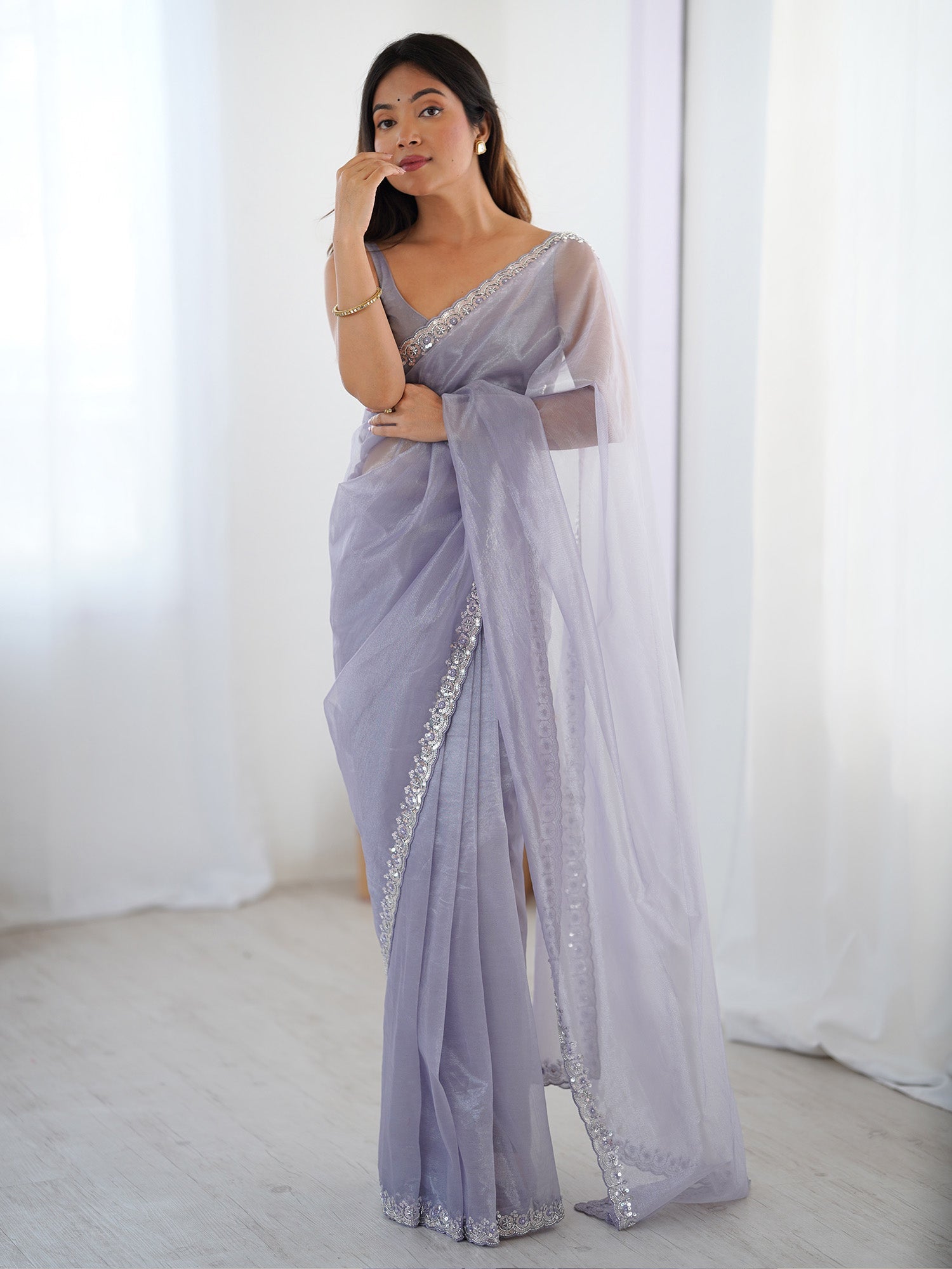 Embellished Border Sequinned SuperNet Saree - Ressa