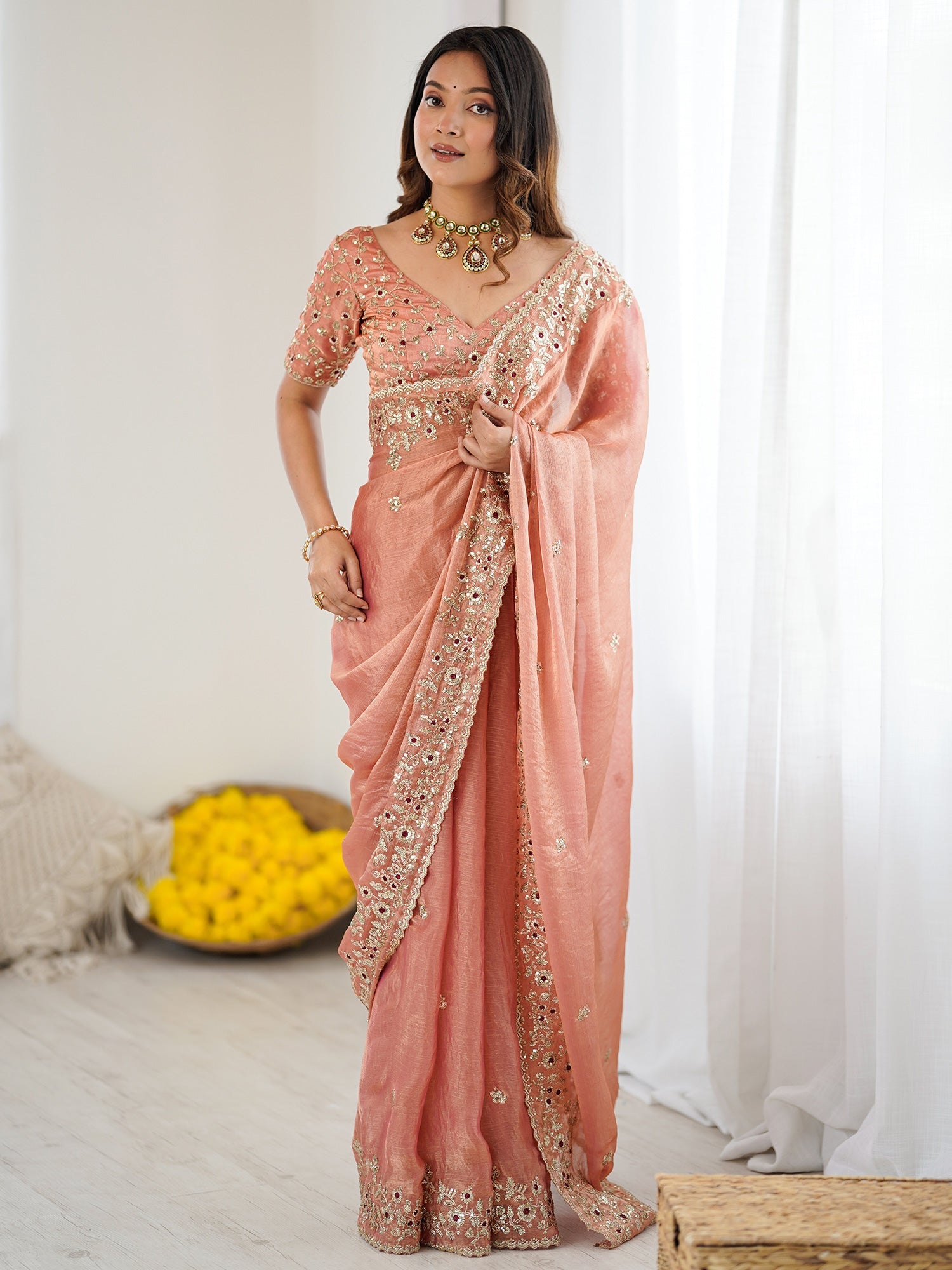 Embellished Crunchy Tissue Silk Heavy Work Sarees - Ressa