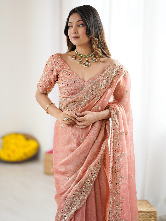 Embellished Crunchy Tissue Silk Heavy Work Sarees - Ressa