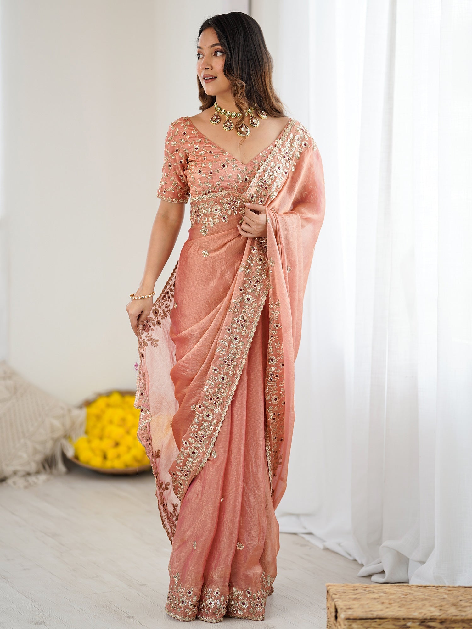 Embellished Crunchy Tissue Silk Heavy Work Sarees - Ressa