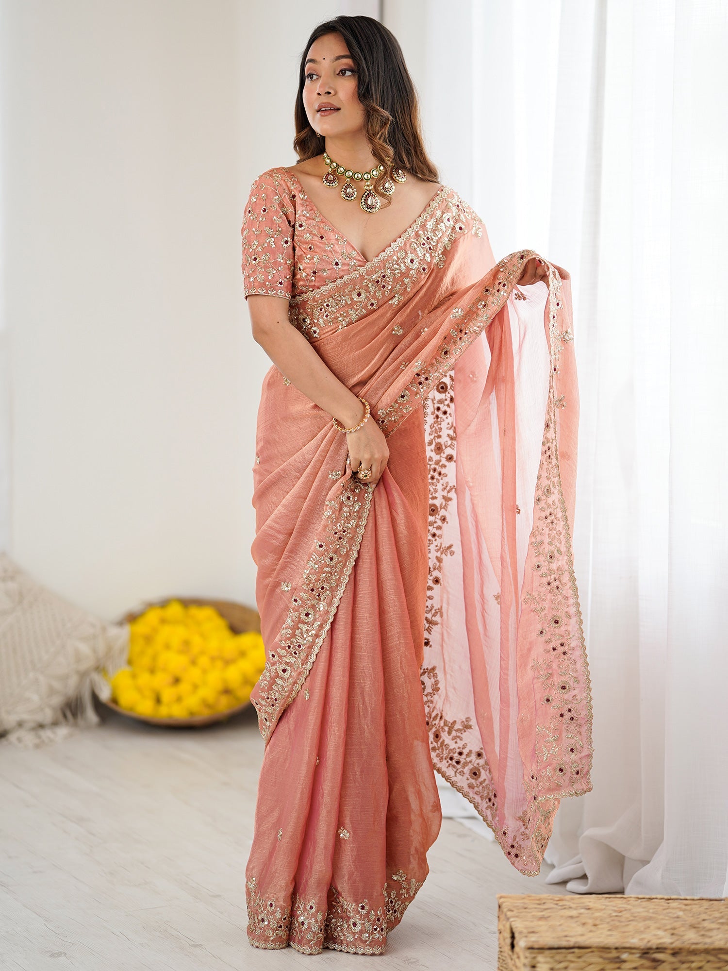 Embellished Crunchy Tissue Silk Heavy Work Sarees - Ressa