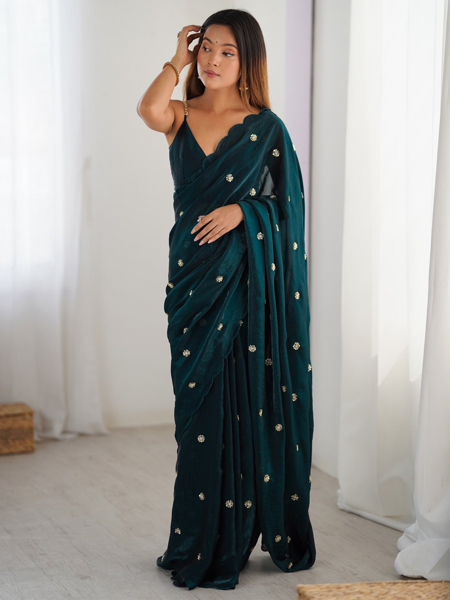 Embellished Satin Saree With Blouse Piece - Ressa
