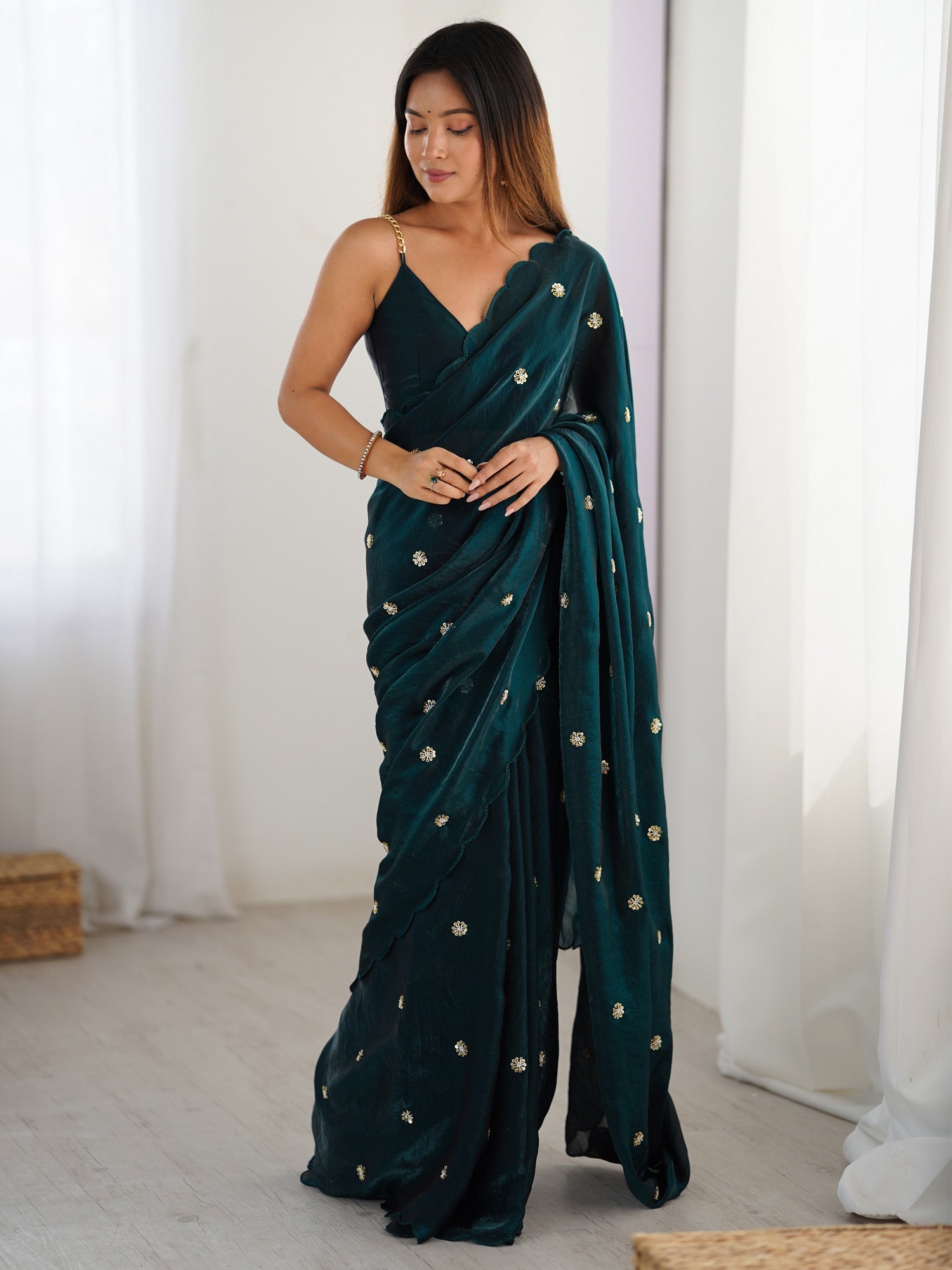 Embellished Satin Saree With Blouse Piece - Ressa
