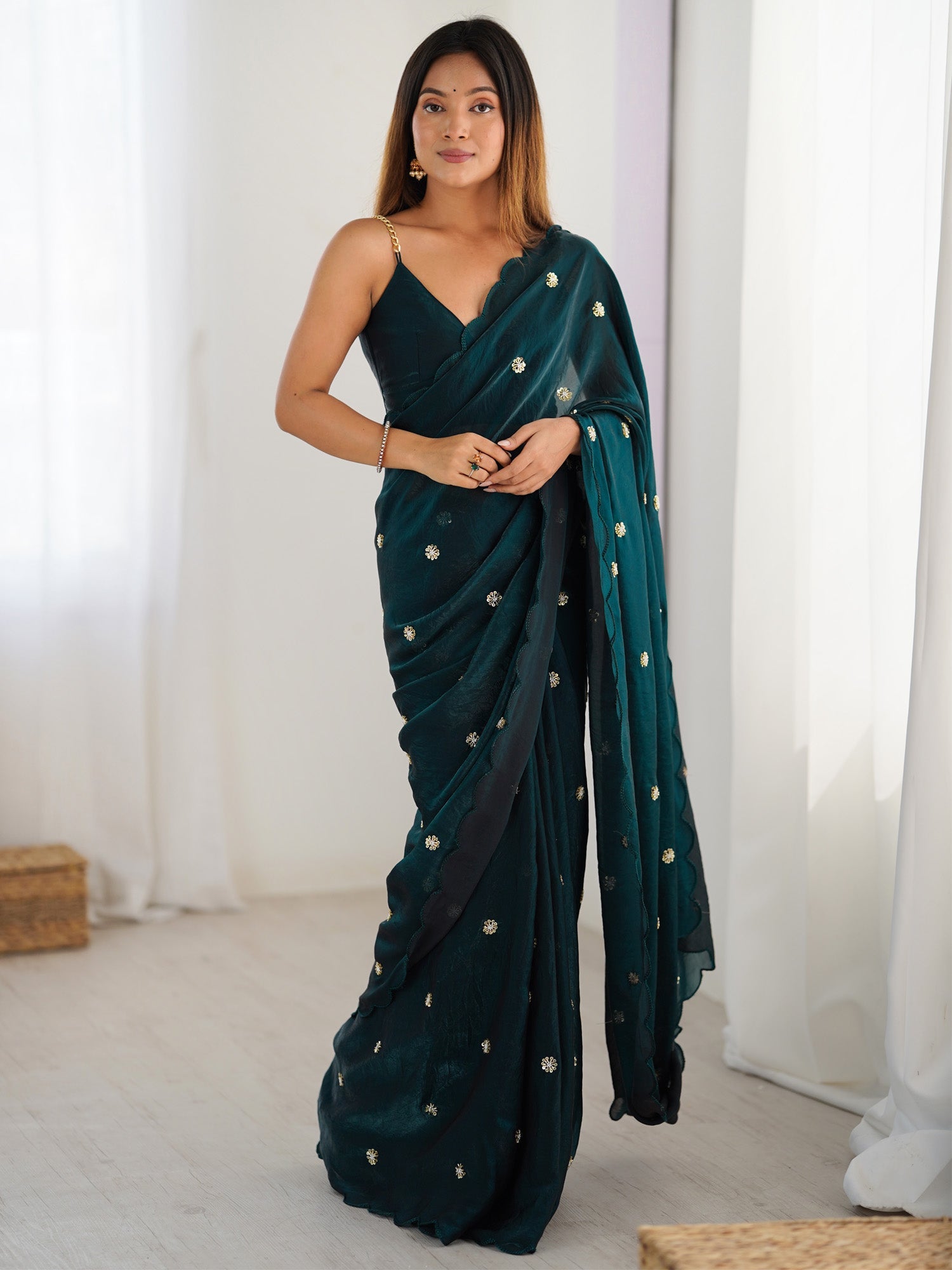 Embellished Satin Saree With Blouse Piece - Ressa
