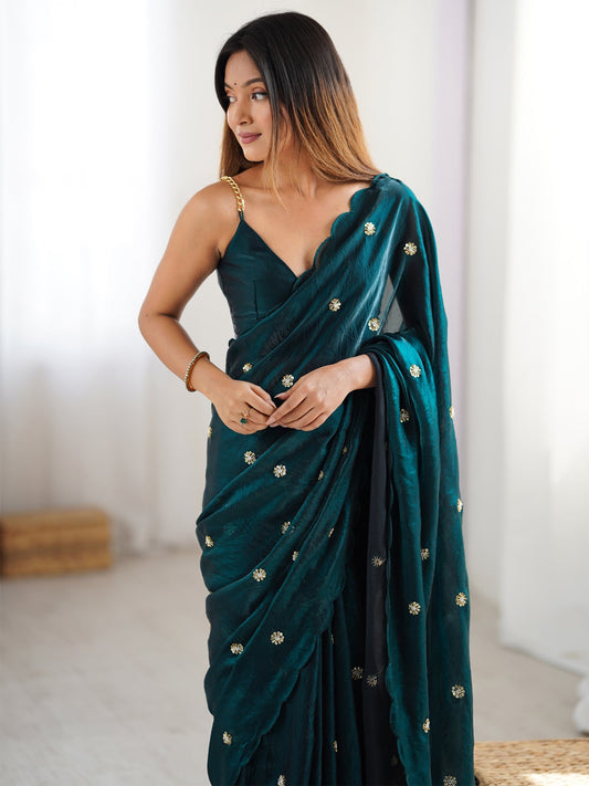 Embellished Satin Saree With Blouse Piece - Ressa