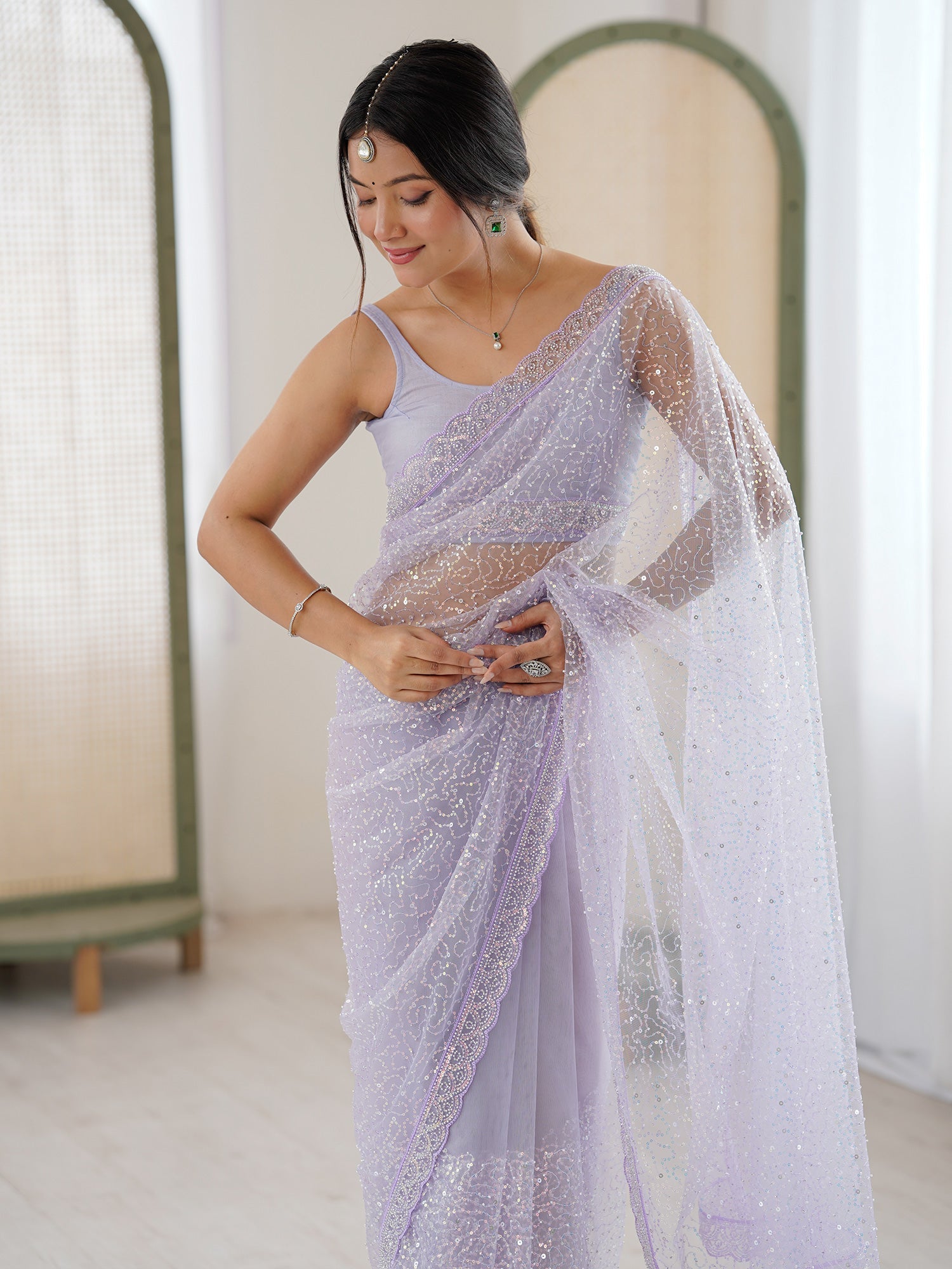 Embellished Sequinned Net Heavy Work Saree - Ressa