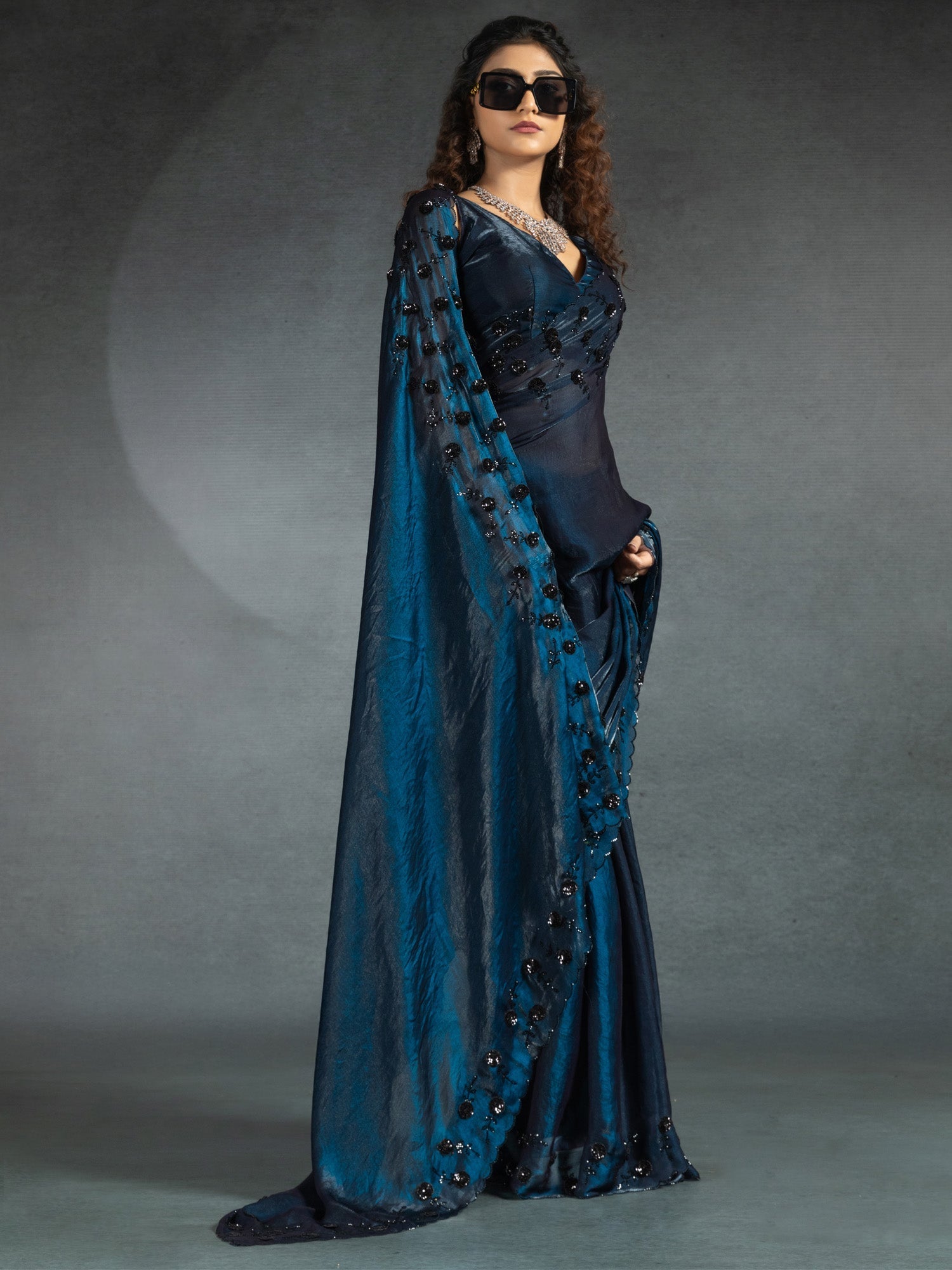 Embellished Sequinned Shimmering Satin Sarees - Ressa
