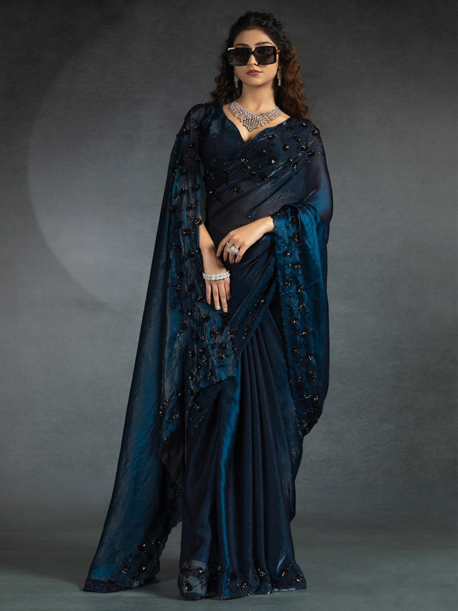 Embellished Sequinned Shimmering Satin Sarees - Ressa