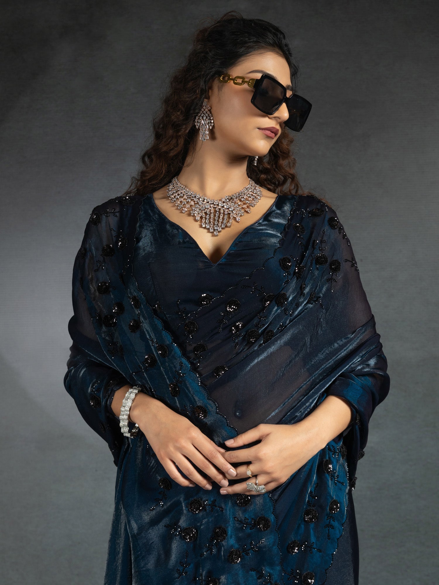 Embellished Sequinned Shimmering Satin Sarees - Ressa