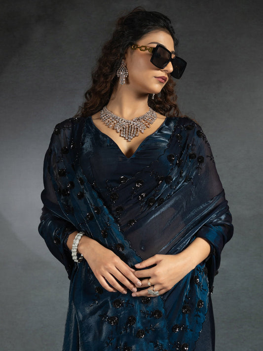 Embellished Sequinned Shimmering Satin Sarees - Ressa