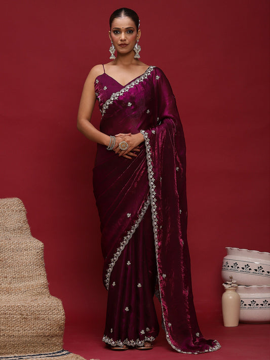 Embellished Zari Satin Saree With Blouse - Ressa