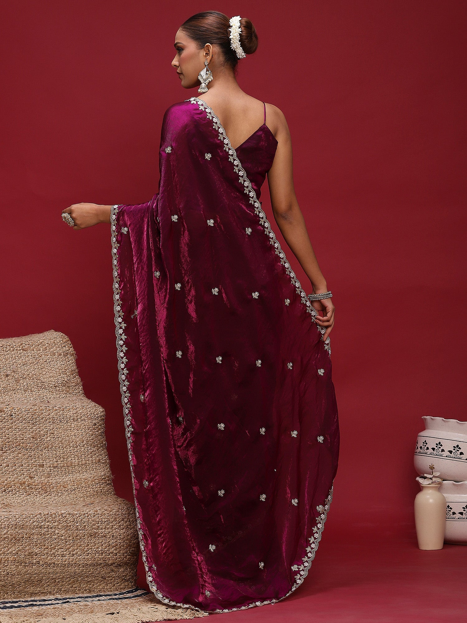 Embellished Zari Satin Saree With Blouse - Ressa