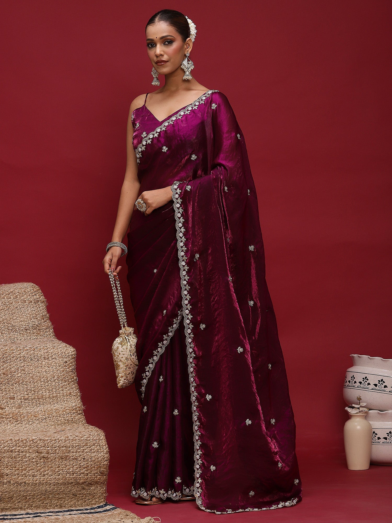 Embellished Zari Satin Saree With Blouse - Ressa