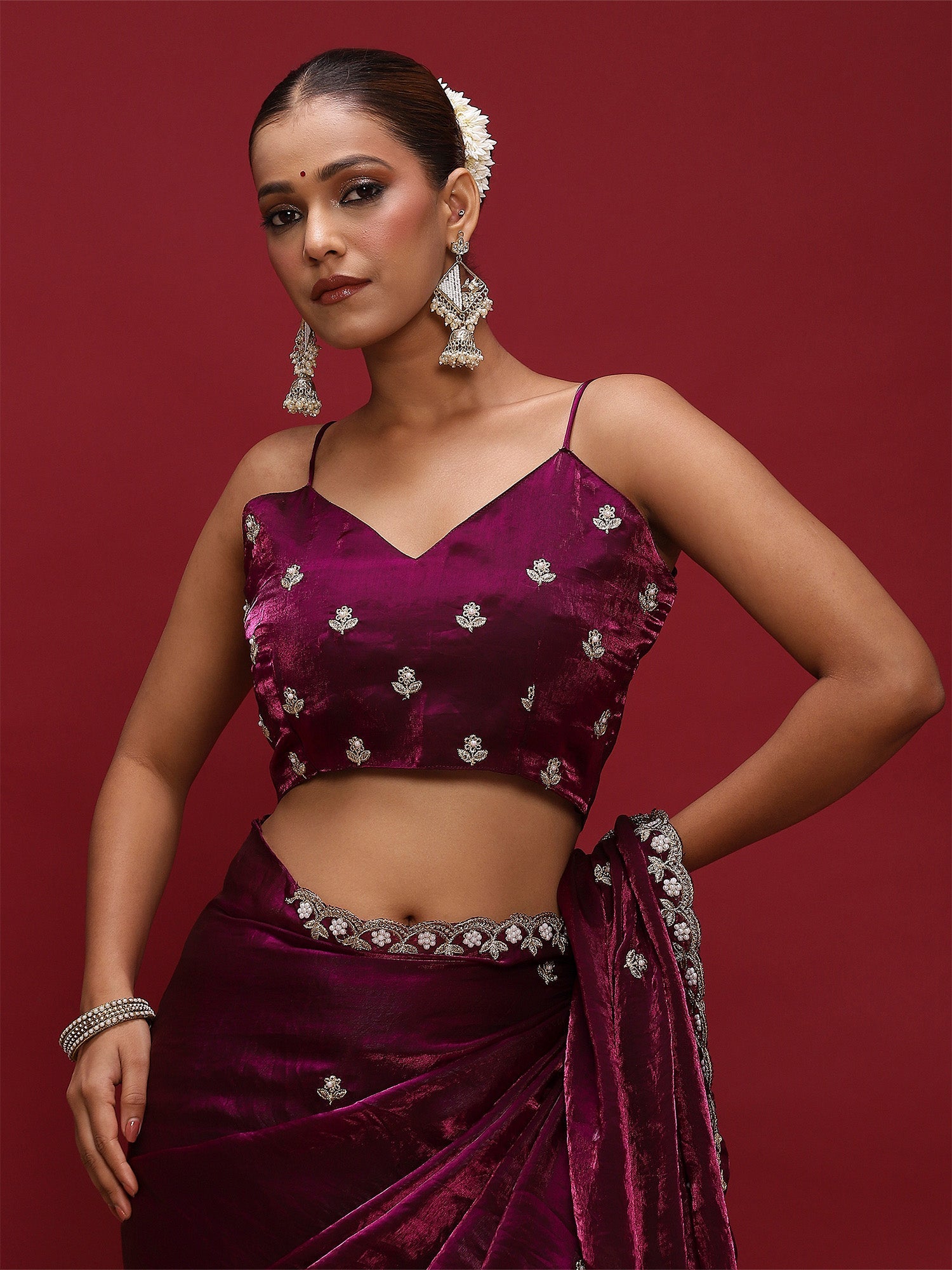 Embellished Zari Satin Saree With Blouse - Ressa