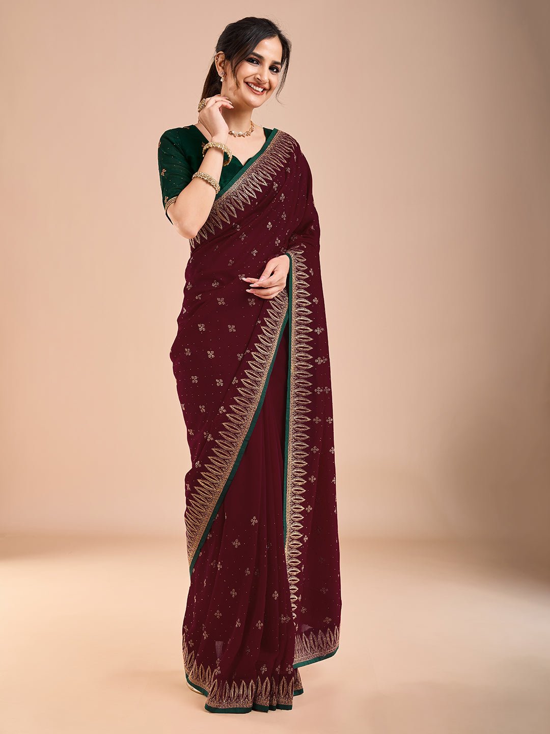 Embroidered Georgette Saree | Wine & Green - Ressa