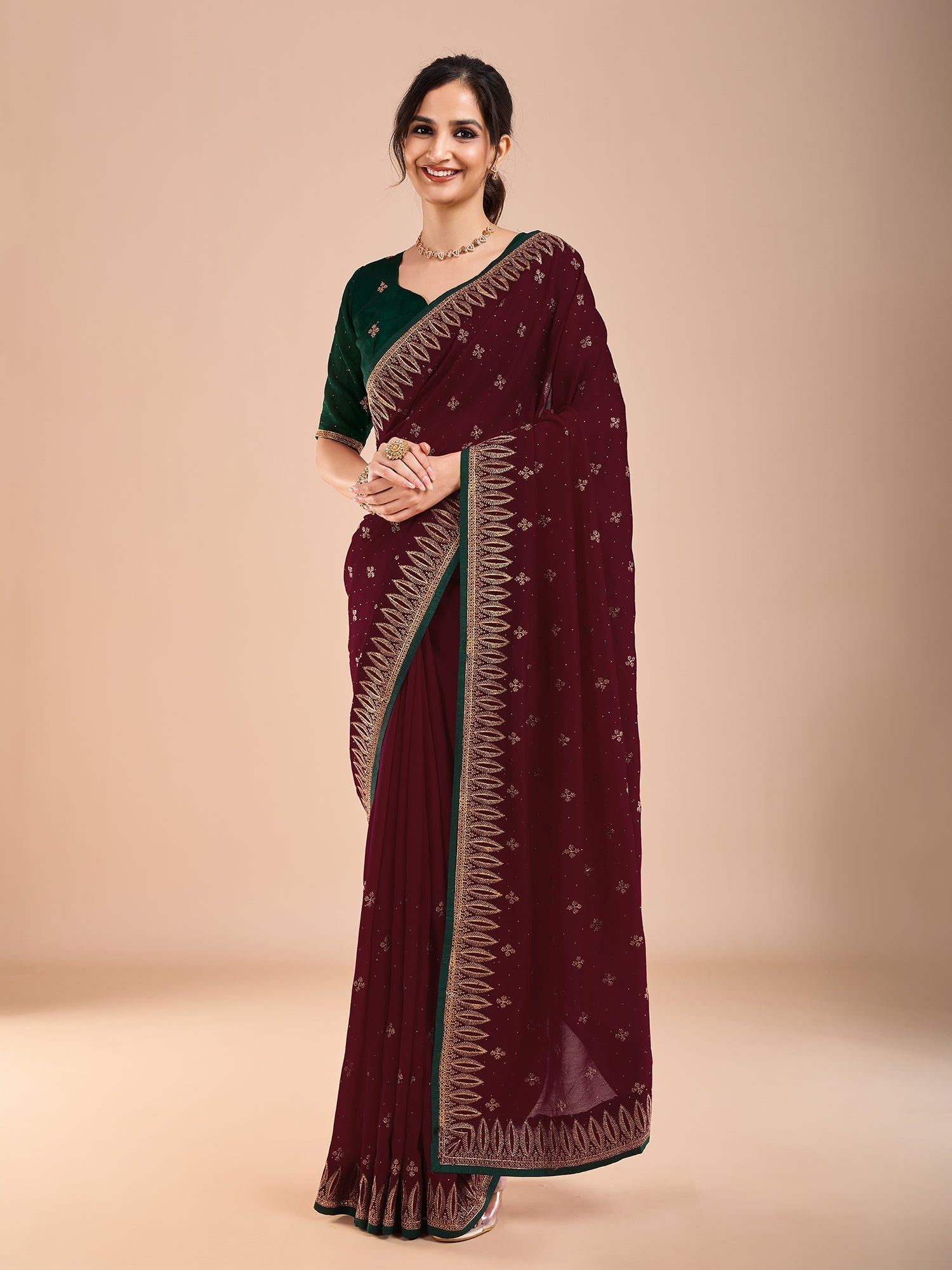 Embroidered Georgette Saree | Wine & Green - Ressa
