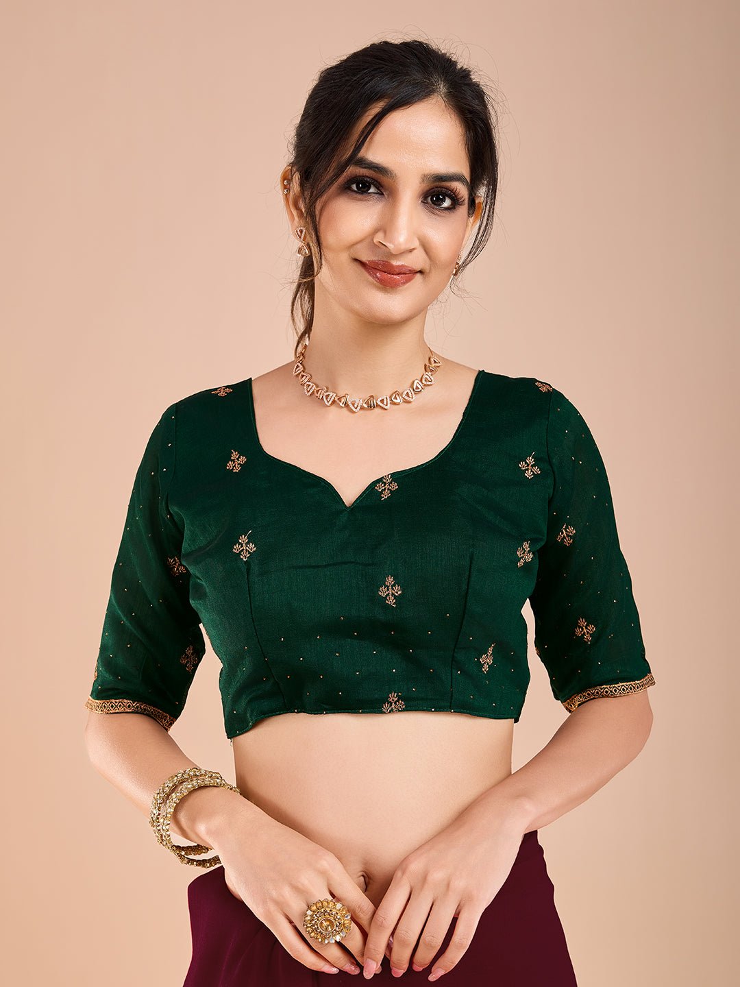 Embroidered Georgette Saree | Wine & Green - Ressa