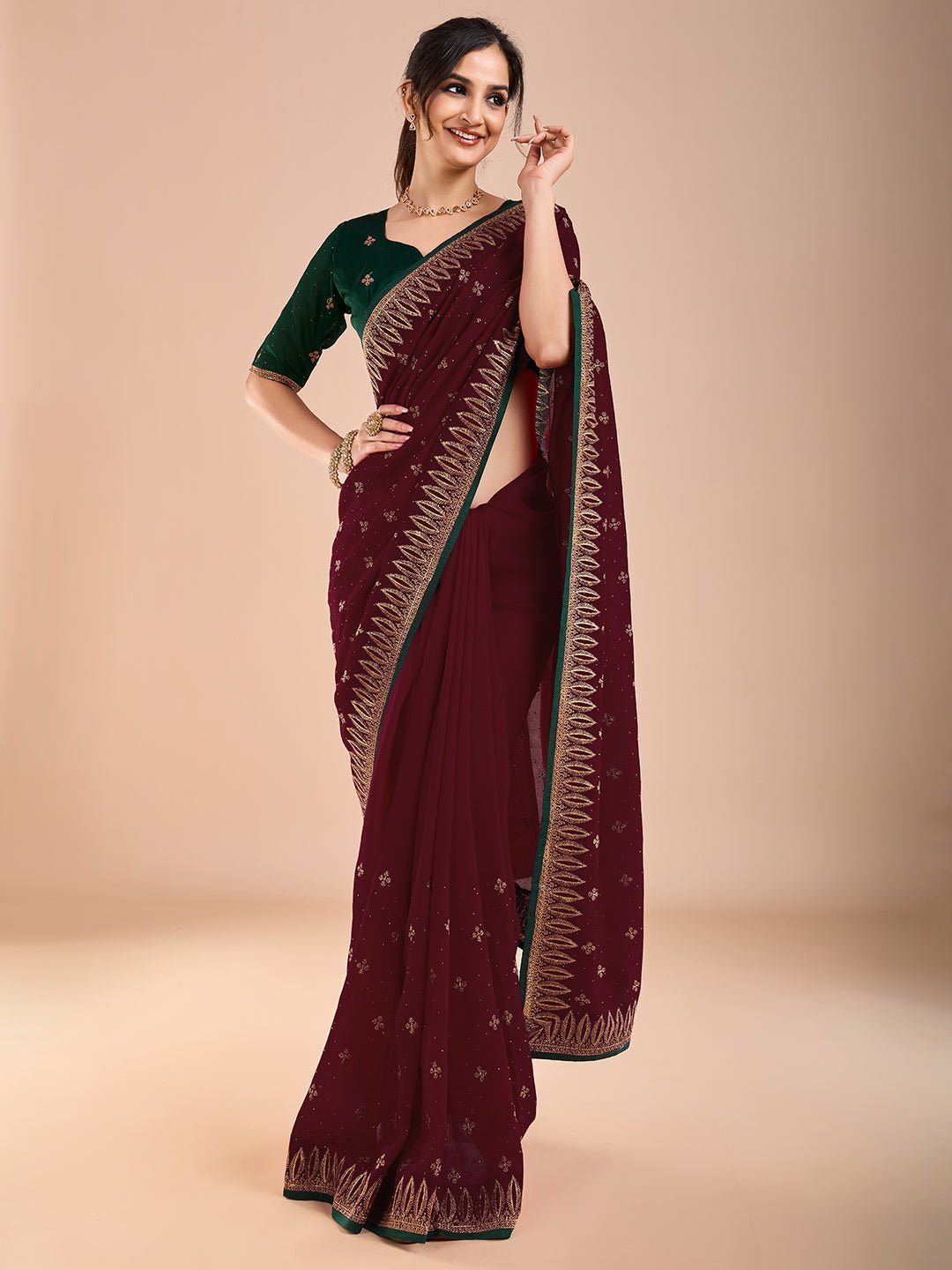 Embroidered Georgette Saree | Wine & Green - Ressa