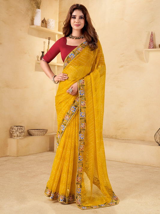 Embroidered Pure Chiffon Bandhani Saree - Ressa