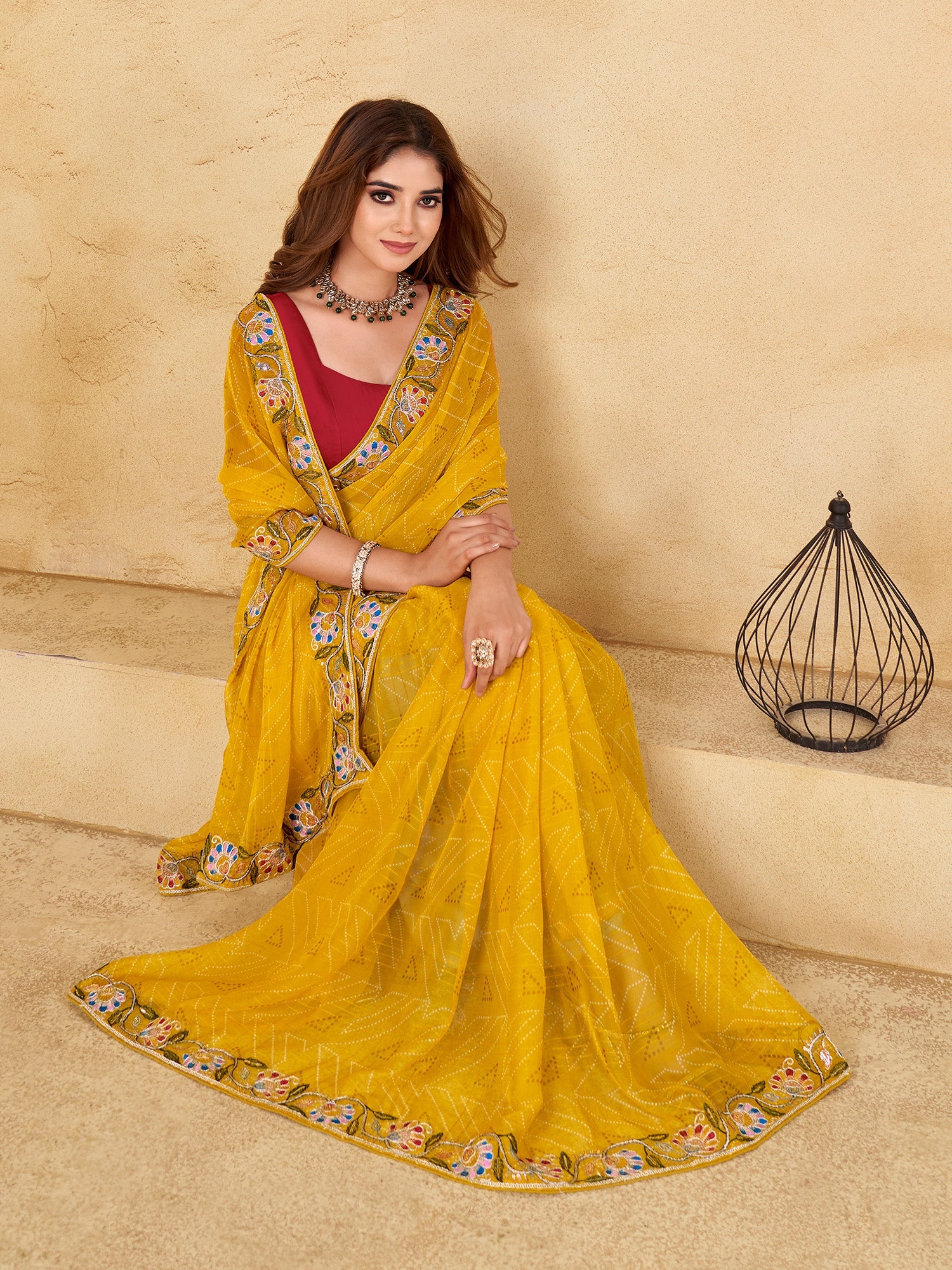 Embroidered Pure Chiffon Bandhani Saree - Ressa