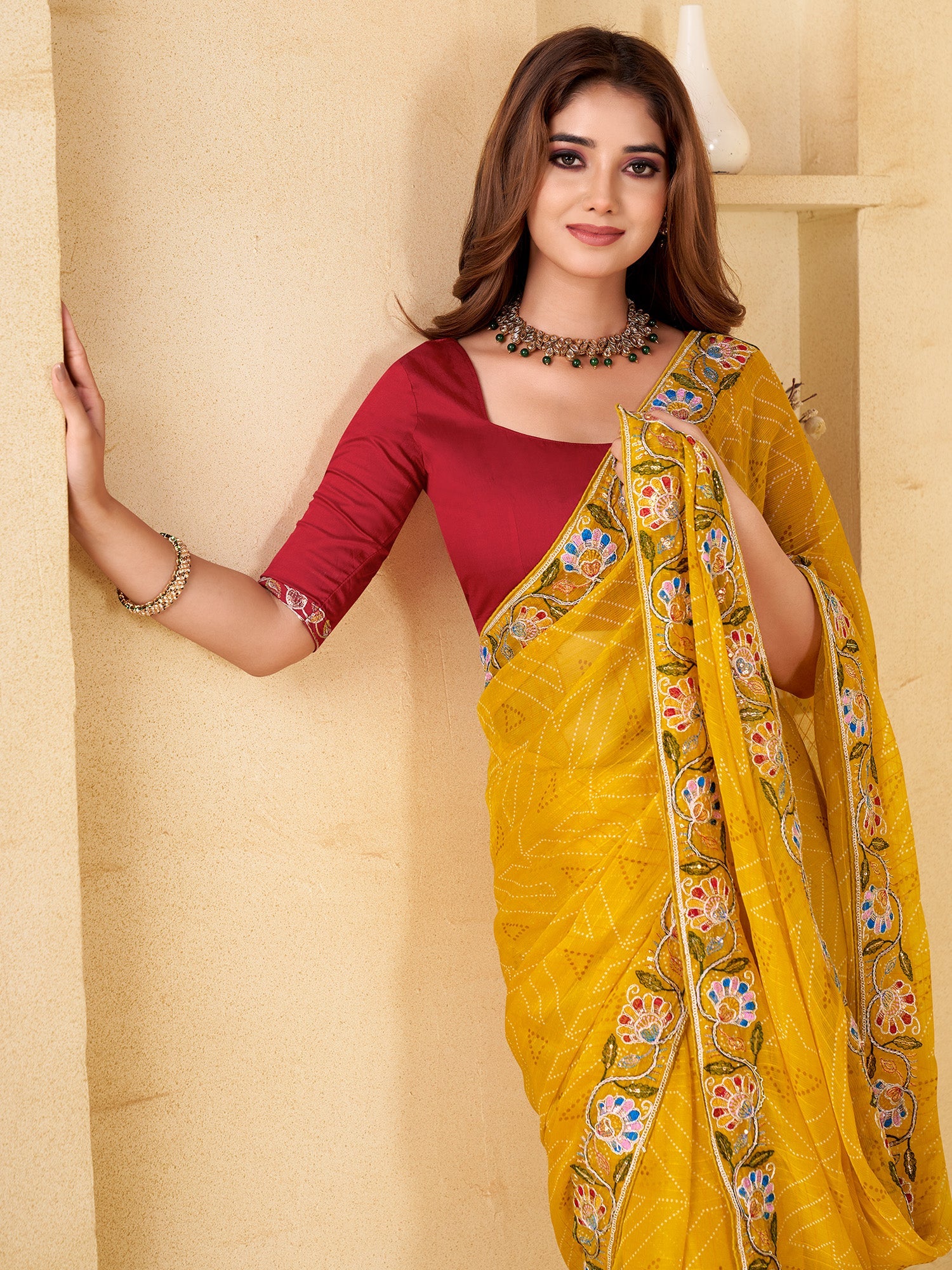 Embroidered Pure Chiffon Bandhani Saree - Ressa