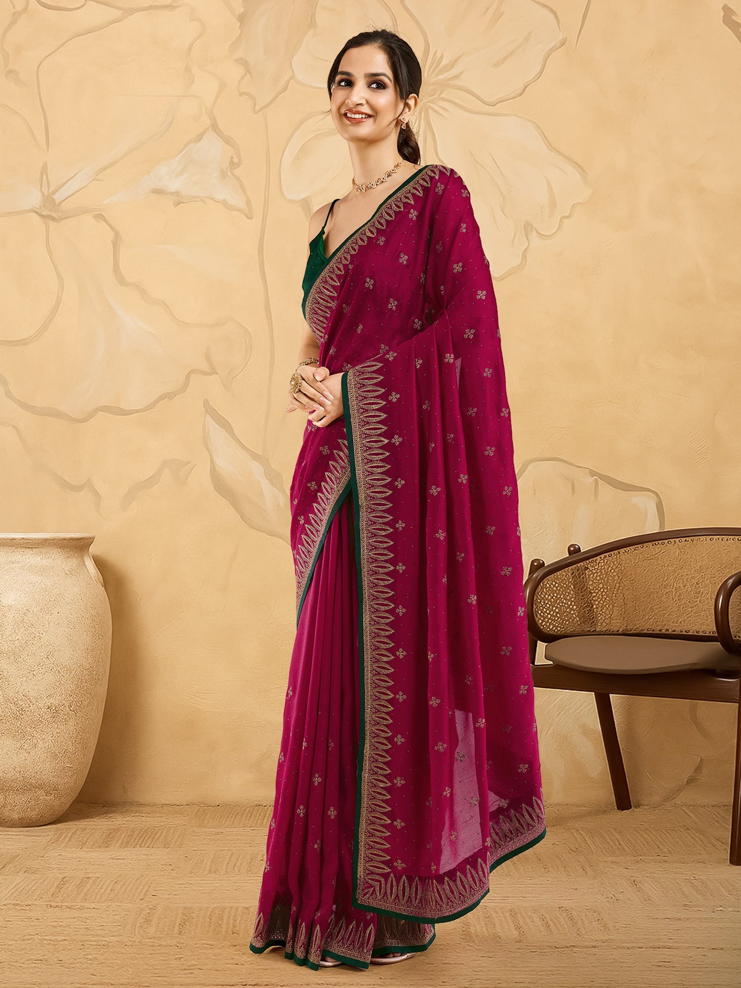 Embroidered Silk Blend Saree with Green Blouse - Ressa