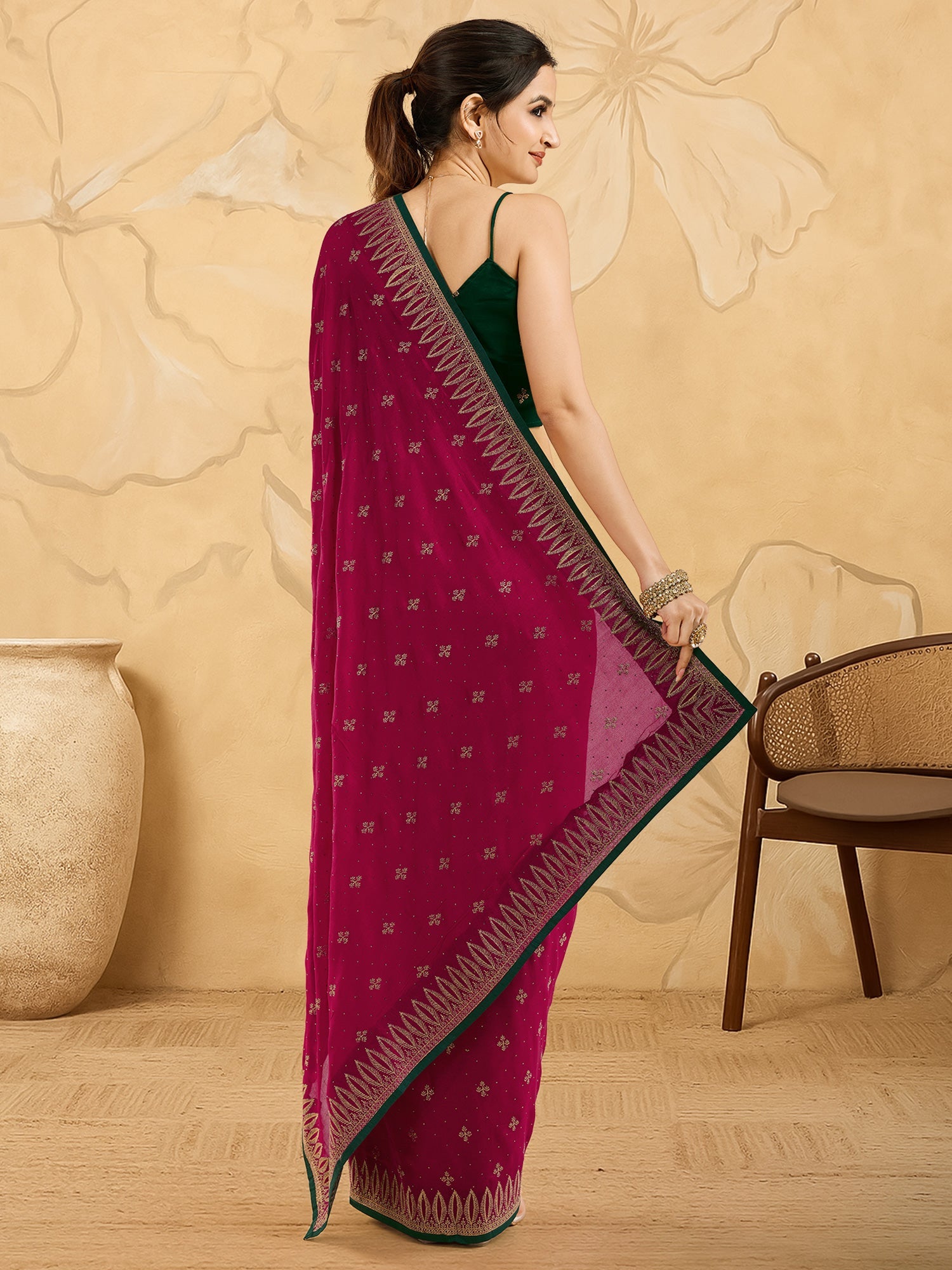 Embroidered Silk Blend Saree with Green Blouse - Ressa