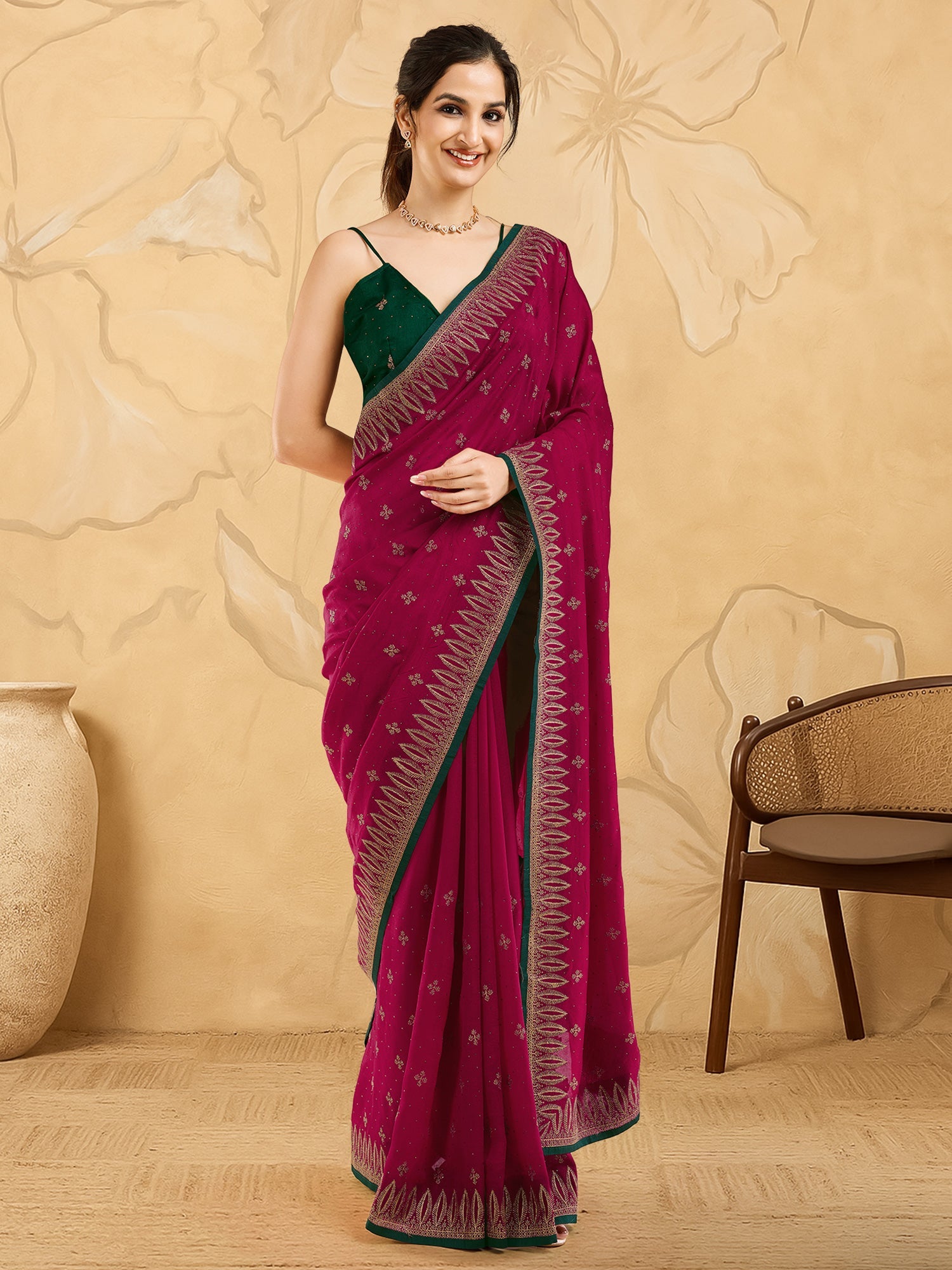 Embroidered Silk Blend Saree with Green Blouse - Ressa