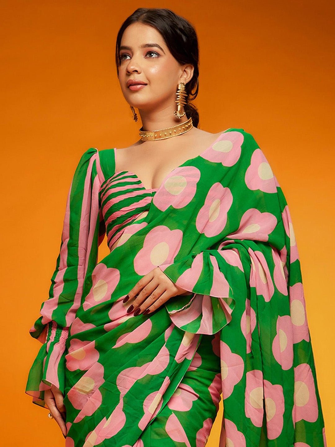 Emerald Green Chiffon Saree with Oversized Pink Floral Print - Ressa