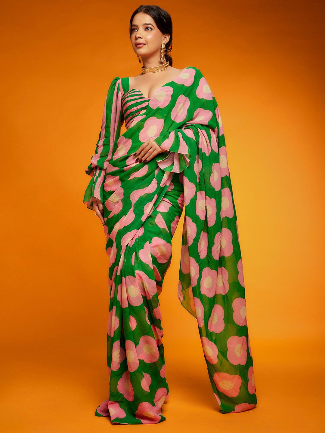Emerald Green Chiffon Saree with Oversized Pink Floral Print - Ressa