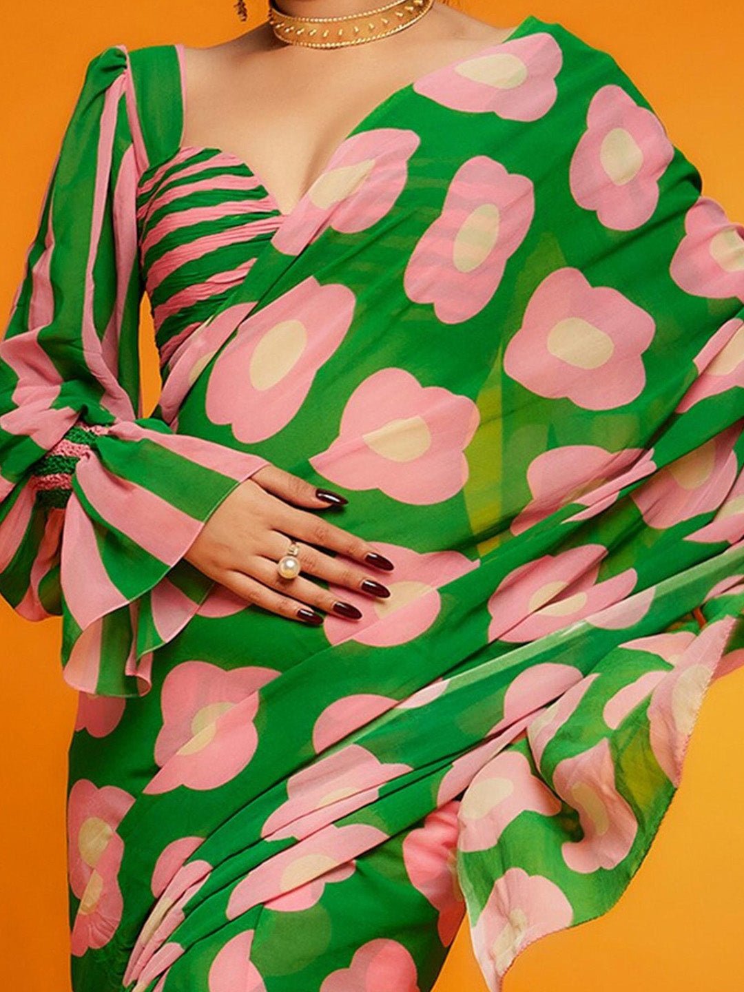 Emerald Green Chiffon Saree with Oversized Pink Floral Print - Ressa