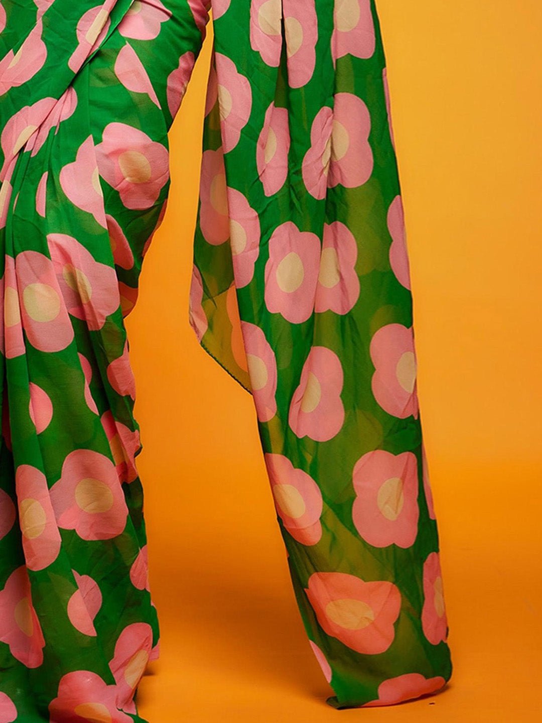 Emerald Green Chiffon Saree with Oversized Pink Floral Print - Ressa