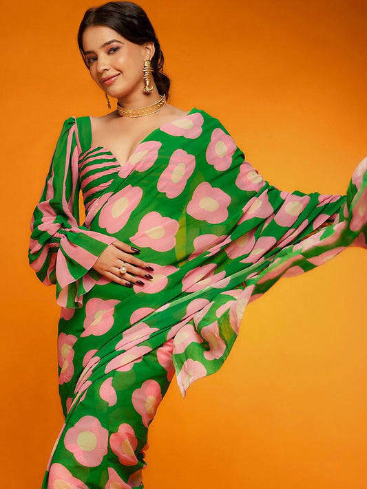 Emerald Green Chiffon Saree with Oversized Pink Floral Print - Ressa