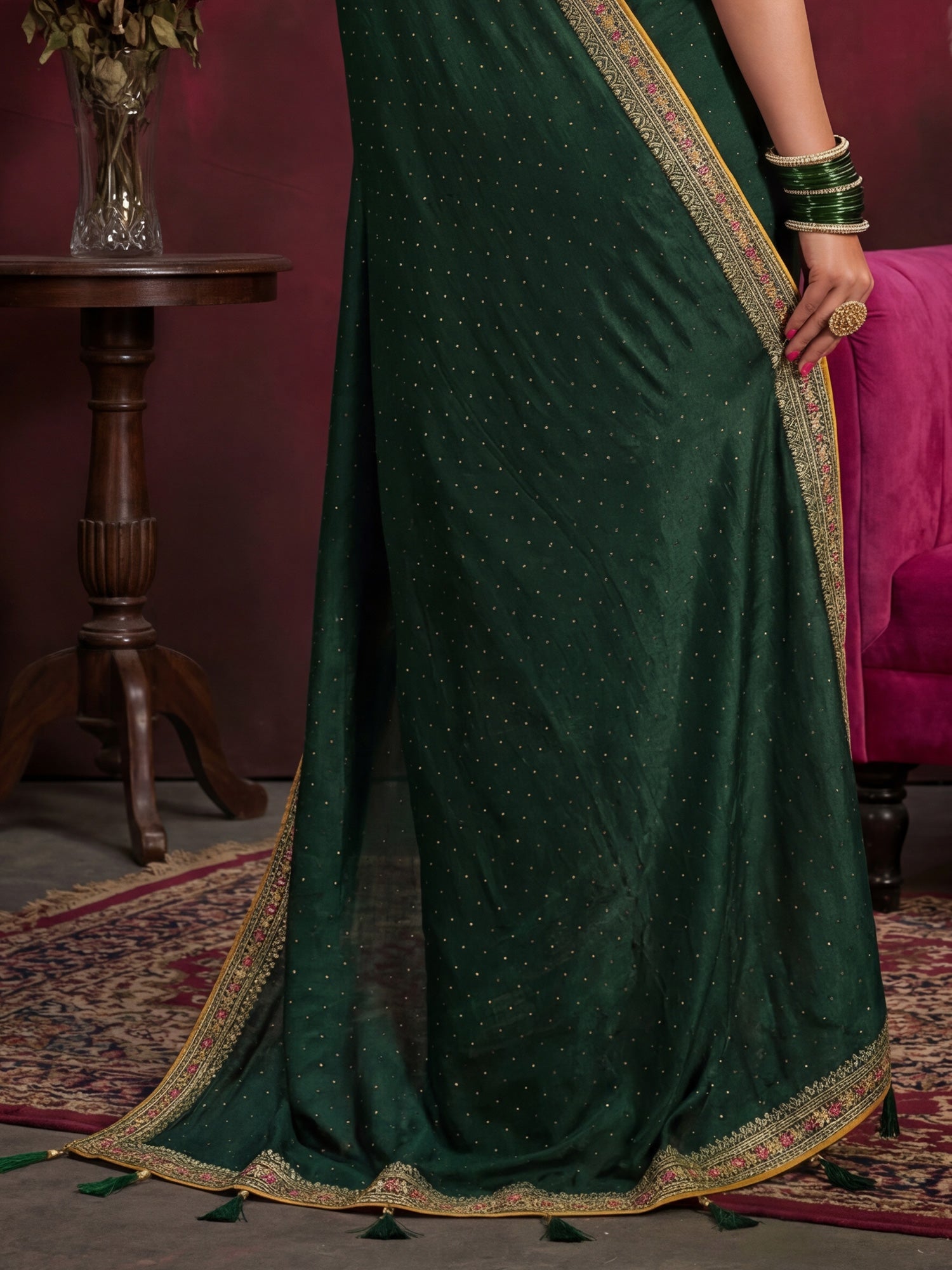 Emerald Green Georgette Saree with Embroidered Border - Ressa
