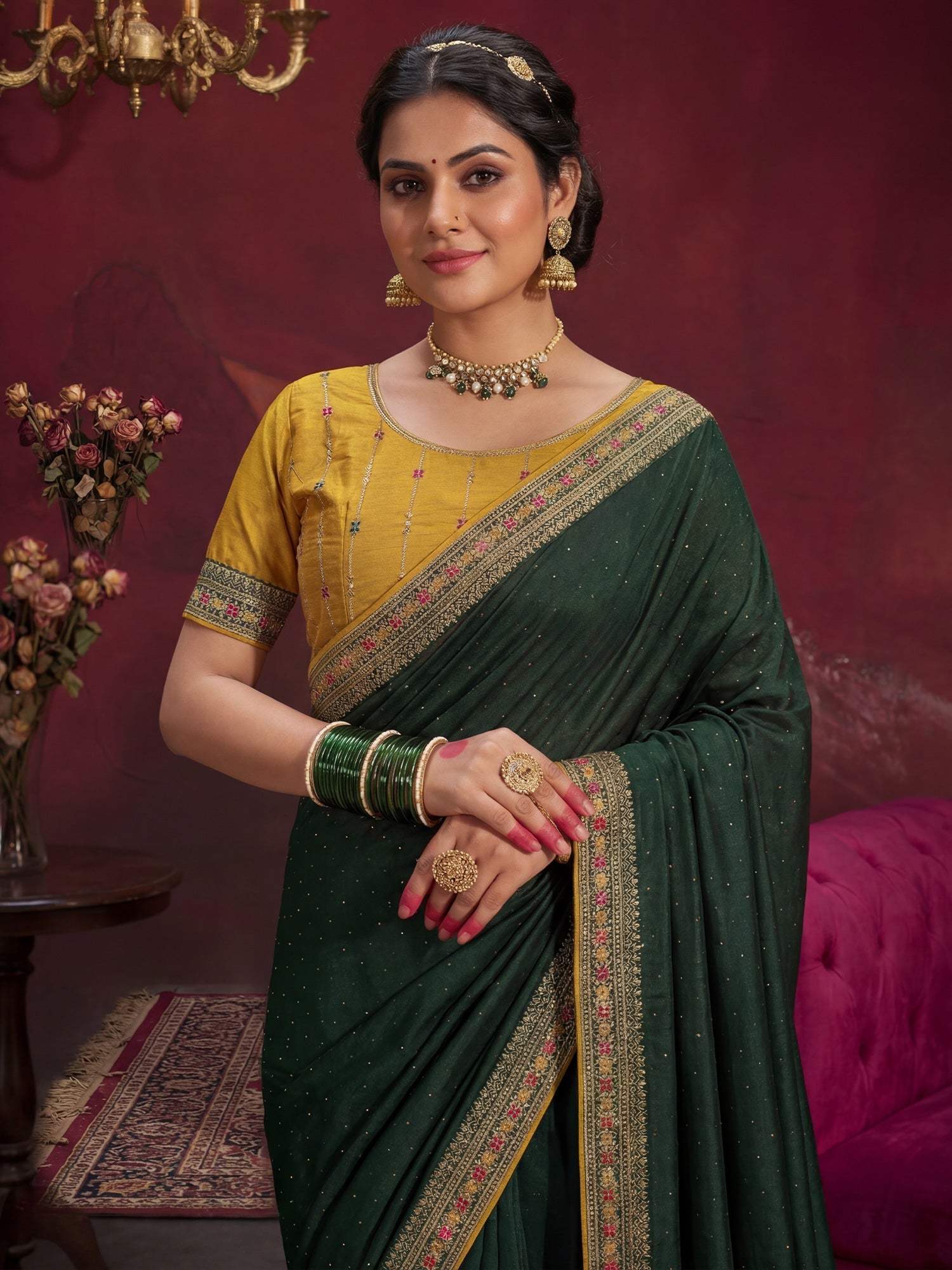 Emerald Green Georgette Saree with Embroidered Border - Ressa