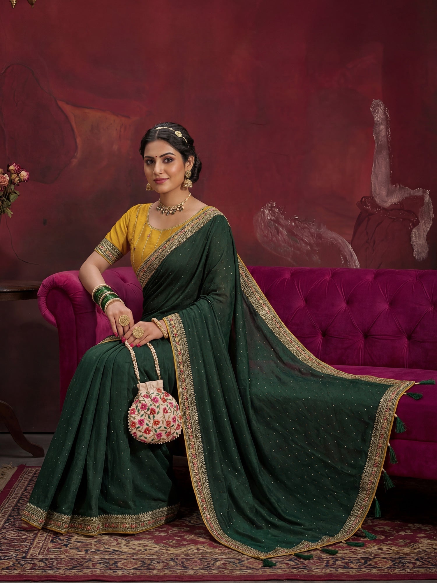 Emerald Green Georgette Saree with Embroidered Border - Ressa