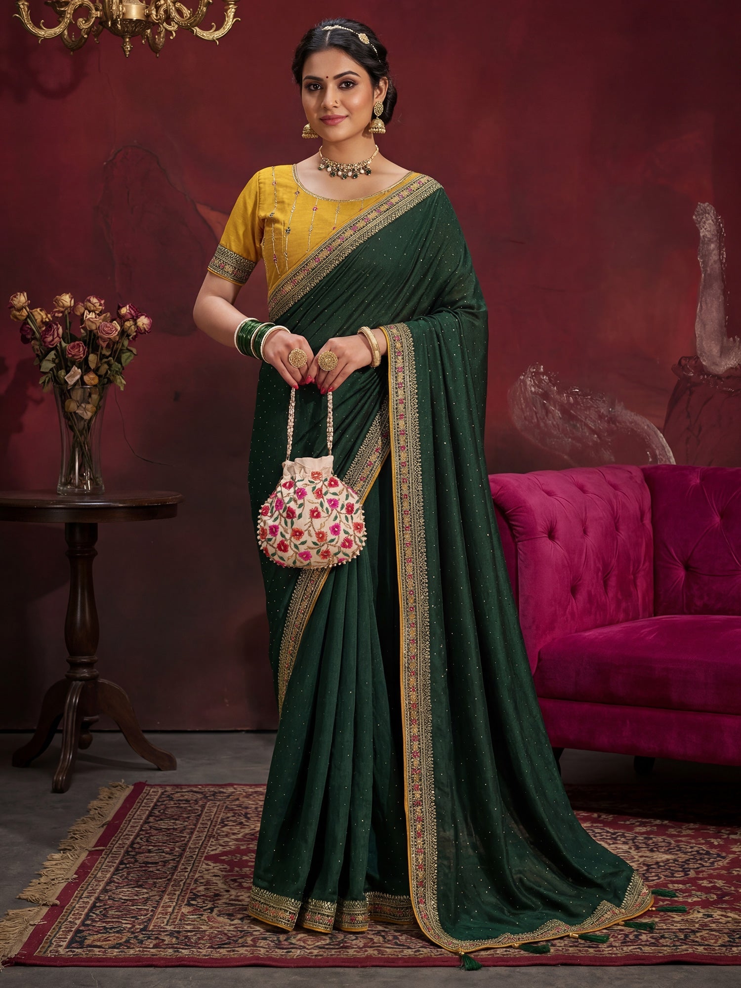 Emerald Green Georgette Saree with Embroidered Border - Ressa