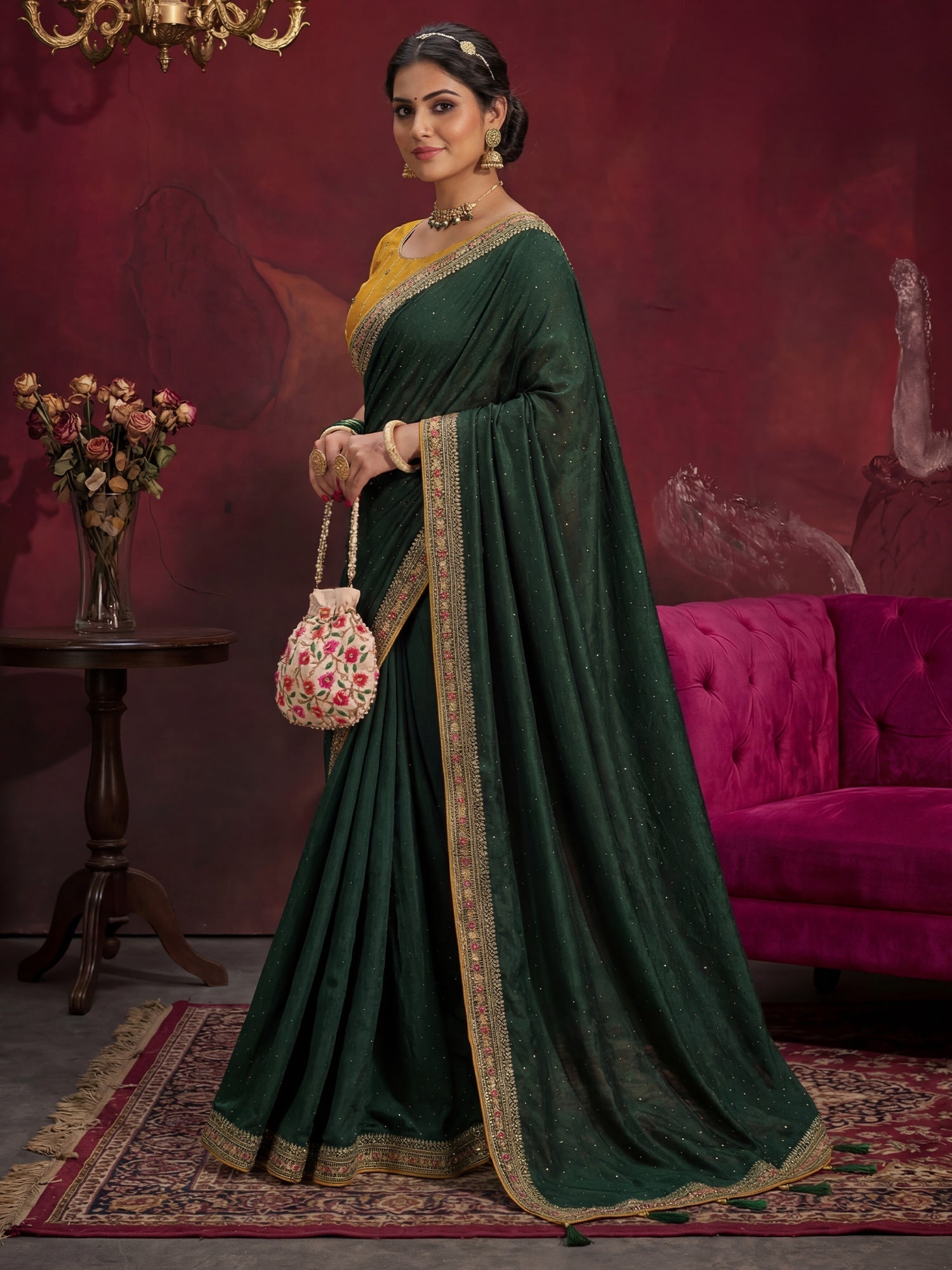 Emerald Green Georgette Saree with Embroidered Border - Ressa