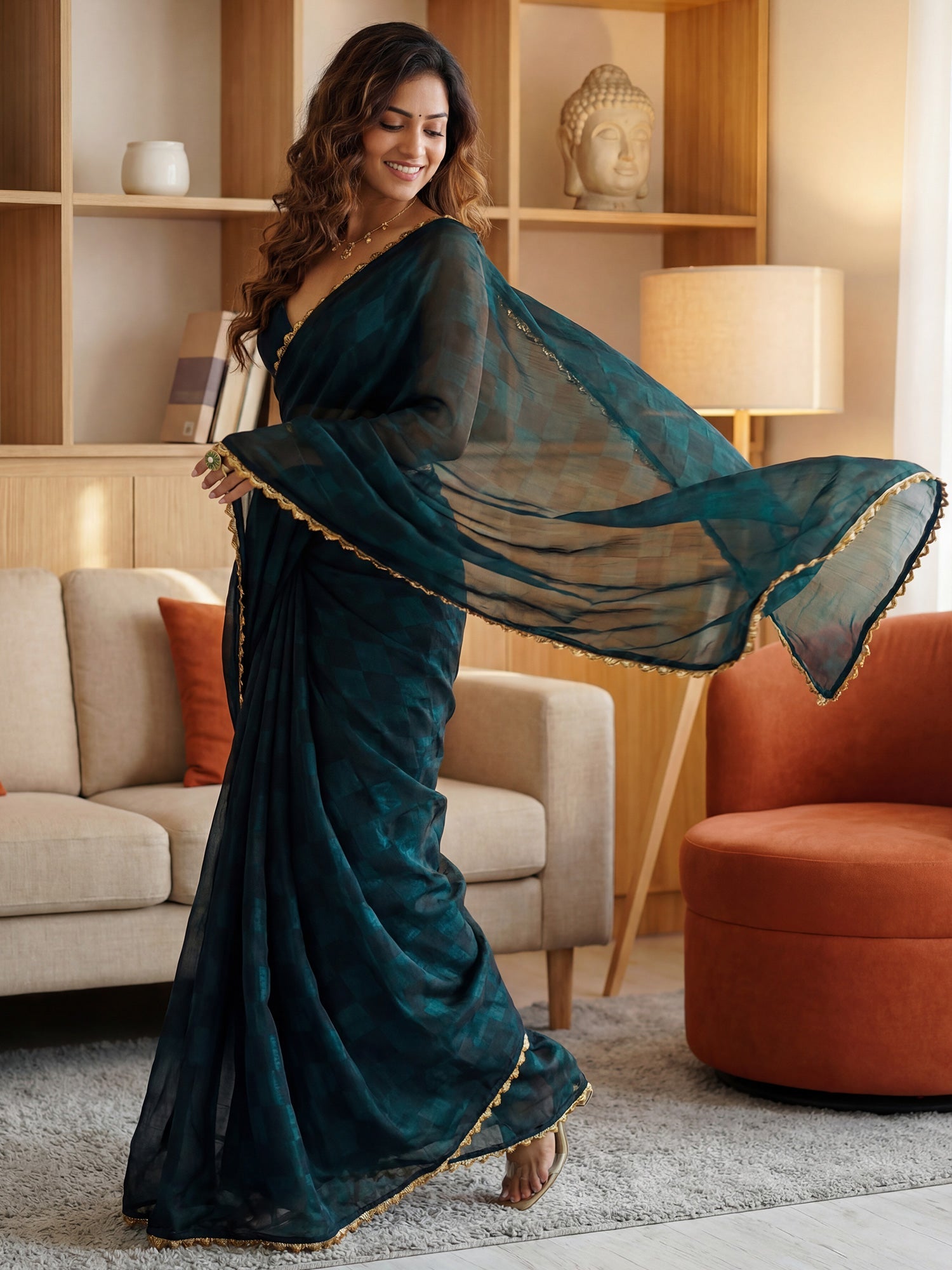 Emerald Green Georgette Saree with Zari Lace Border - Ressa