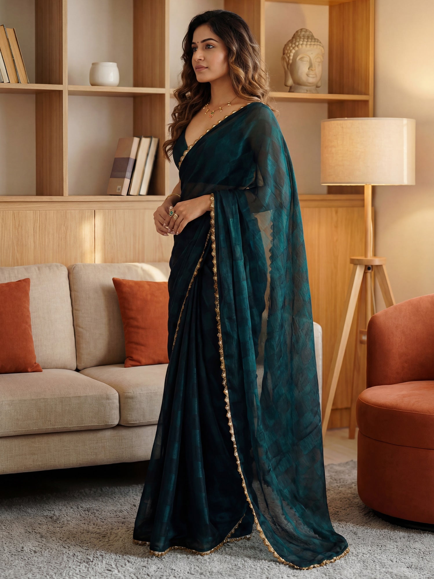 Emerald Green Georgette Saree with Zari Lace Border - Ressa