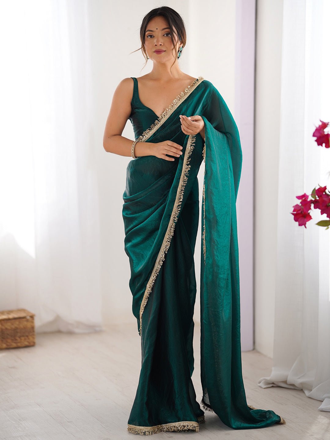Emerald Green Organza Saree - Ressa