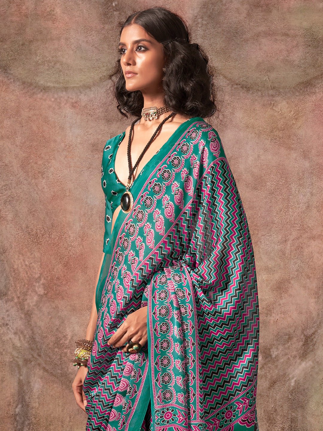 Emerald Green Satin Ajrakh-Printed Saree - Ressa