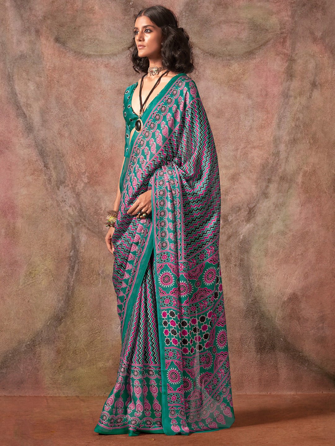 Emerald Green Satin Ajrakh-Printed Saree - Ressa