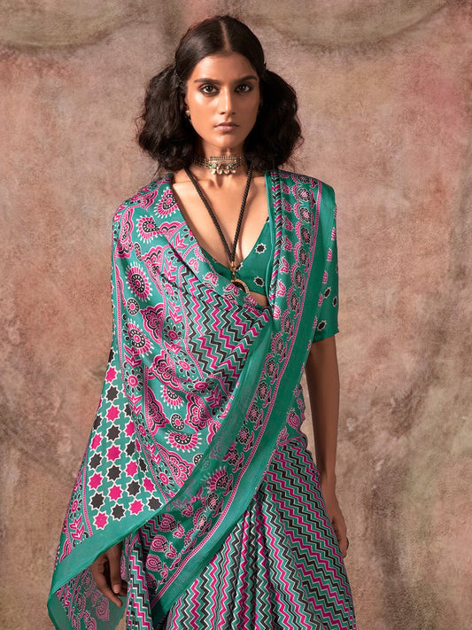 Emerald Green Satin Ajrakh-Printed Saree - Ressa