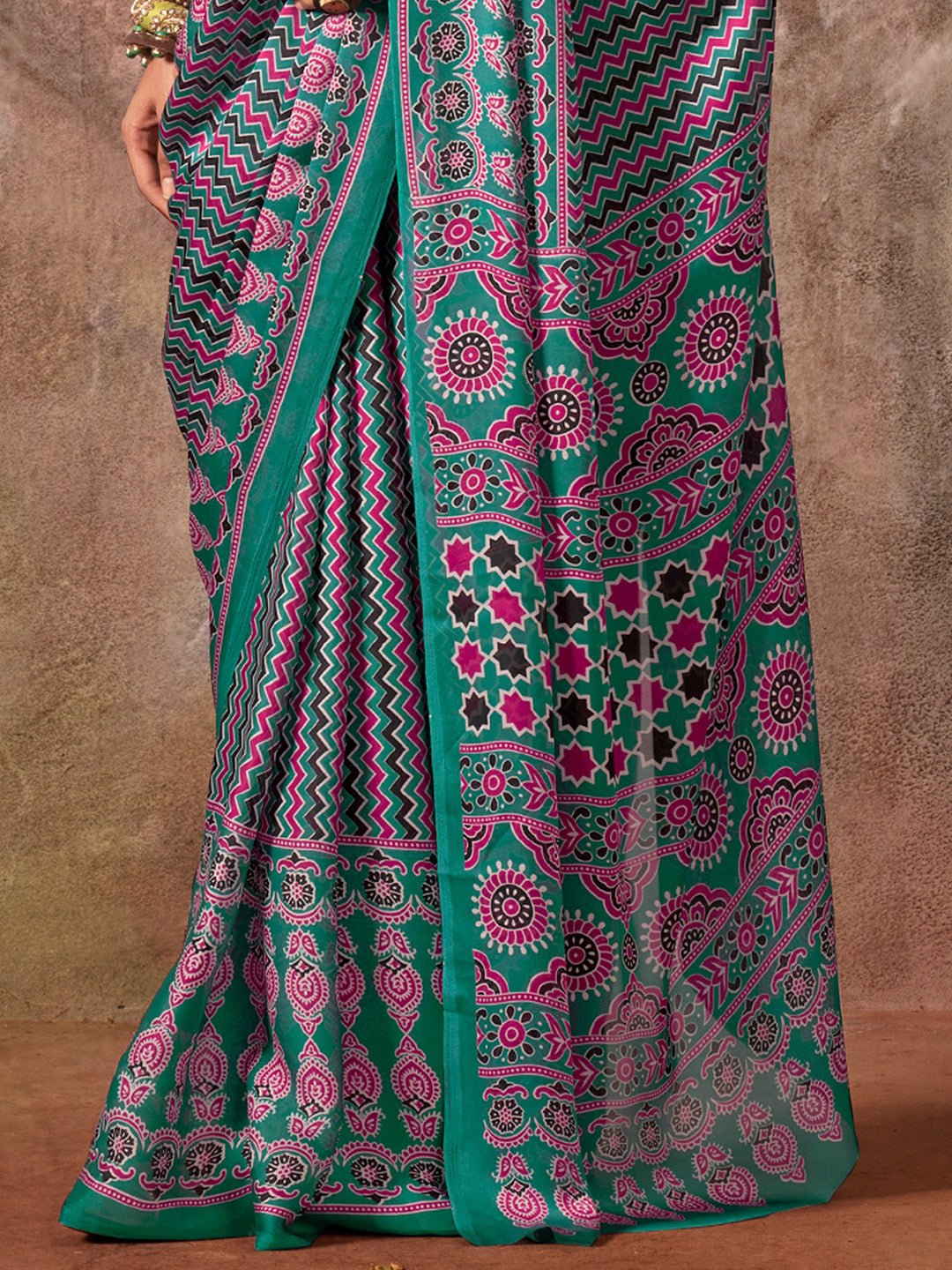 Emerald Green Satin Ajrakh-Printed Saree - Ressa