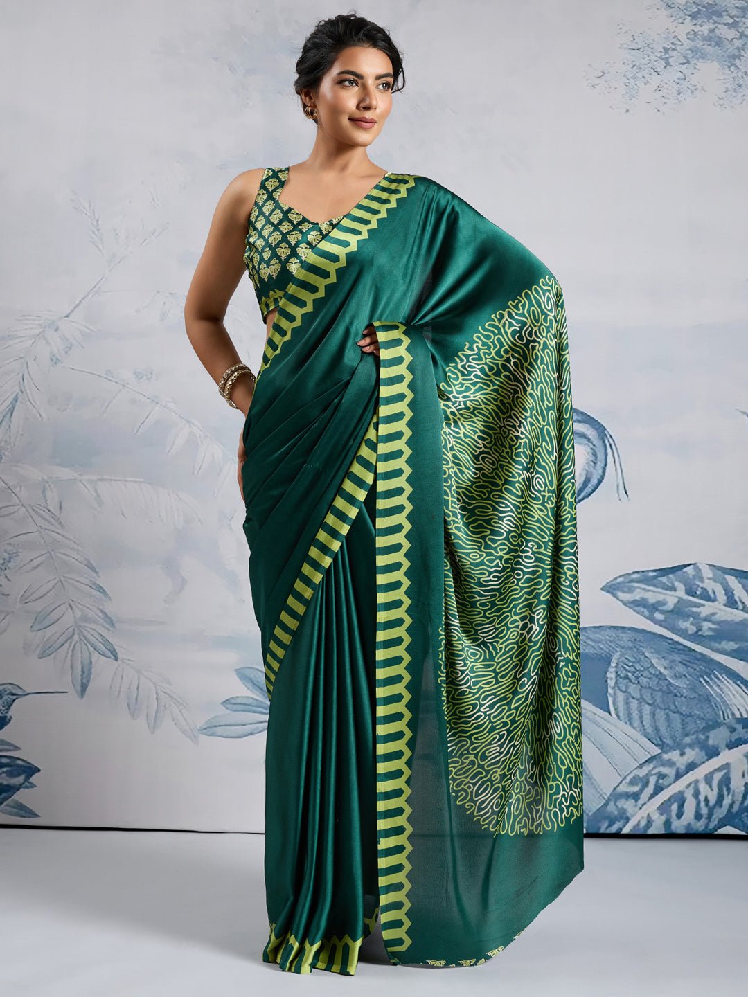 Emerald Green Satin Saree - Ressa